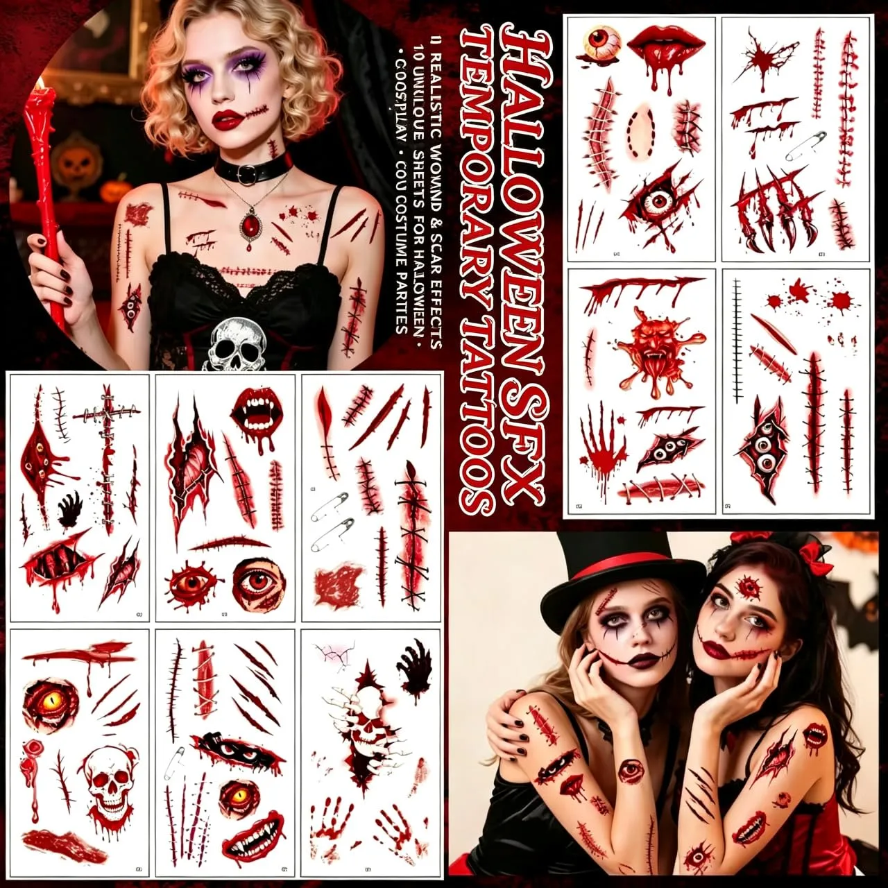 Halloween Temporary Tattoos 20 Sheets, Fake Wound Scar & Vein SFX Tattoos
