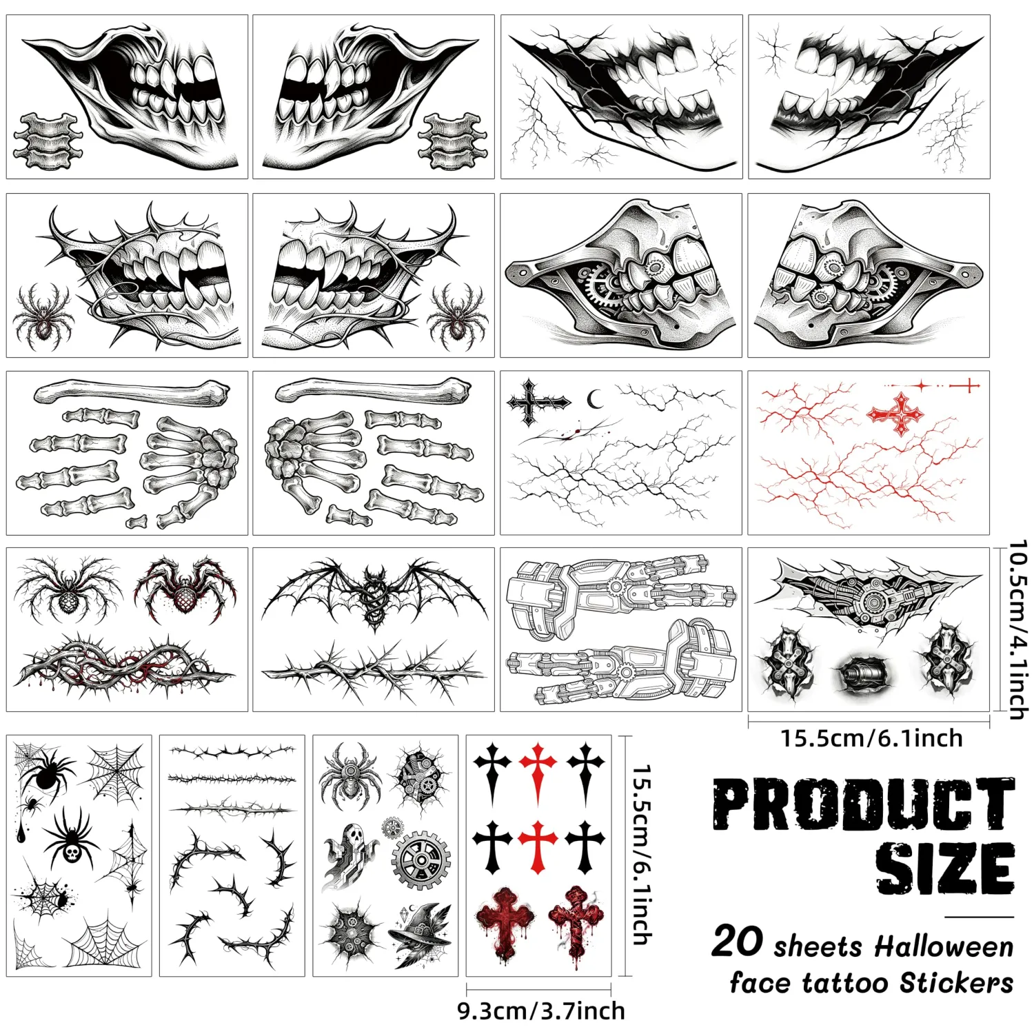 20 Sheets Skull Temporary Tattoo Halloween Costume for Women Men
