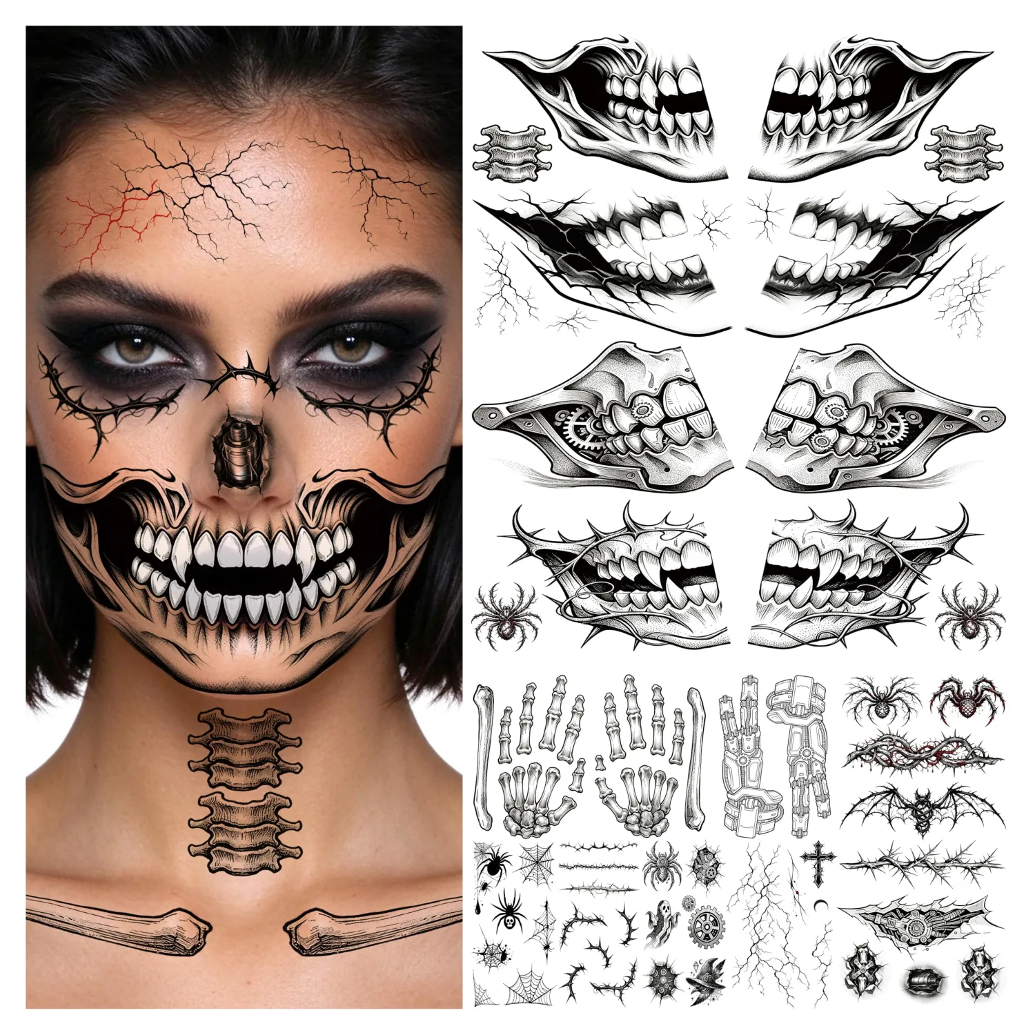 20 Sheets Skull Temporary Tattoo Halloween Costume for Women Men