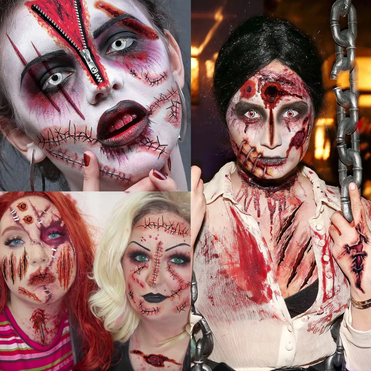 Billzar 138 PCS Scary Halloween Fake Scars Tattoos For Men Adults Women Kids Zombie Makeup Kit 18 Sheets Face Fake Stitches Temporary Tattoos Chucky Scar Scab Scratches Boys Girls Tatoos Wound Sticker