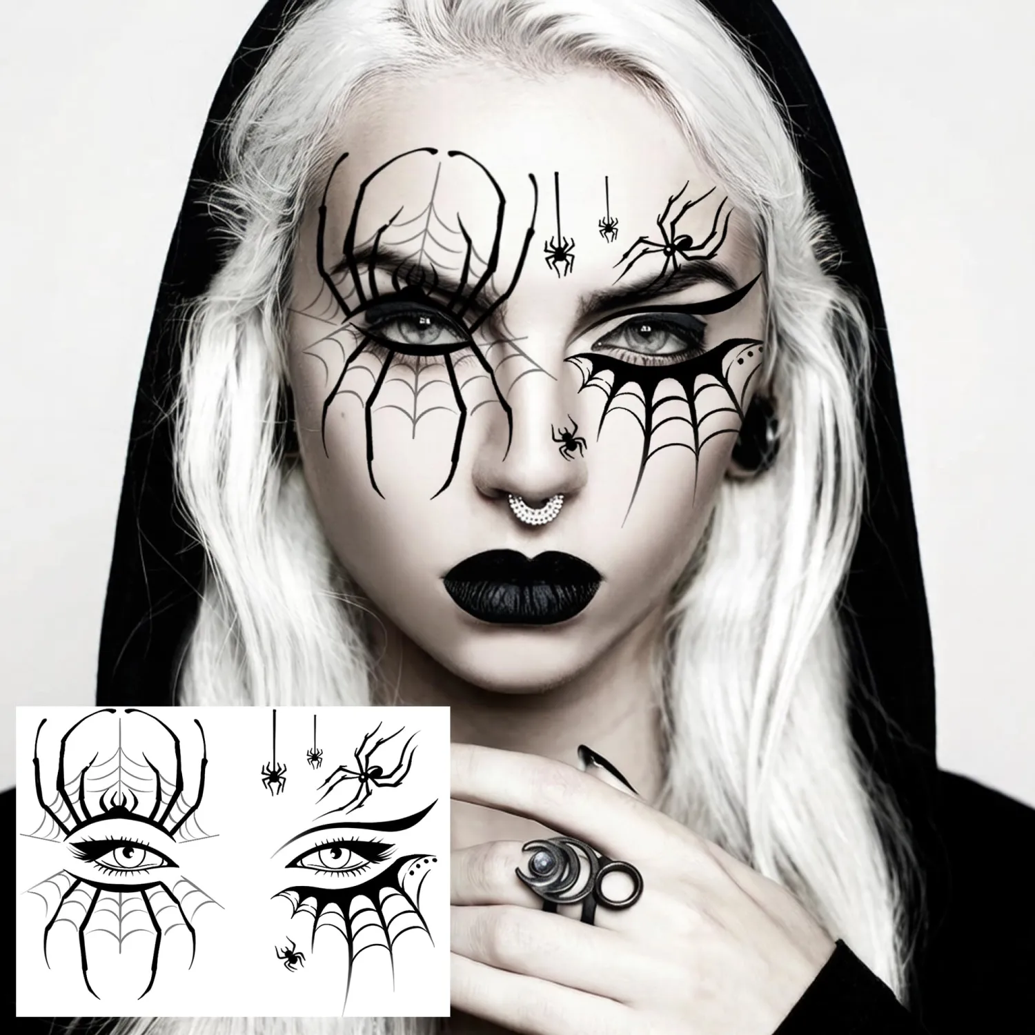 10 Sheets Scary Face Tattoos Halloween Temporary Tattoos Horrible Stitch Mouth Bucktooth Face Sticker, Realistic Spiderweb Bat Fake Scratch Scar Tattoos Halloween Costume Zombie Skull Witch Makeup Kit