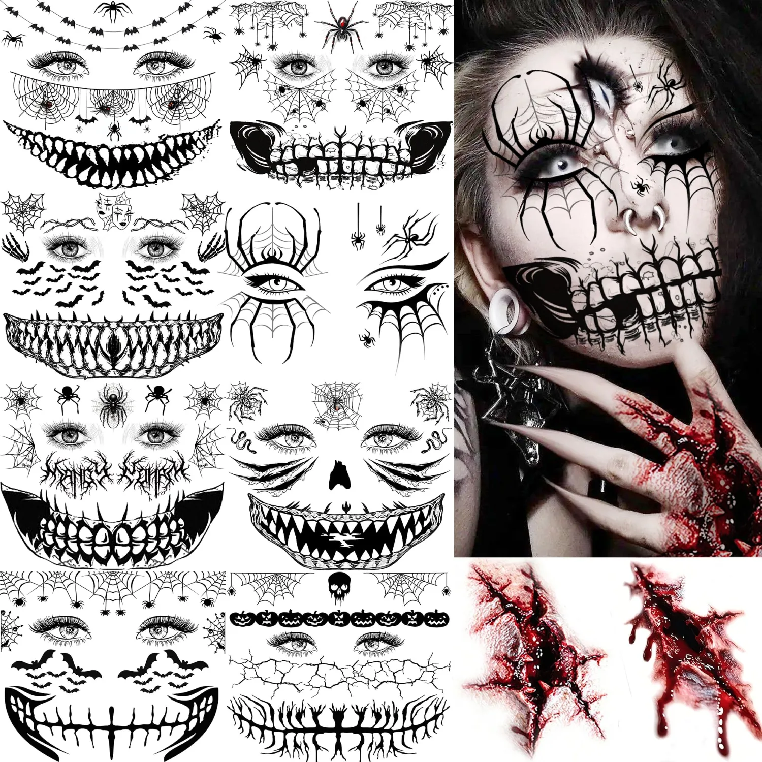 10 Sheets Scary Face Tattoos Halloween Temporary Tattoos Horrible Stitch Mouth Bucktooth Face Sticker, Realistic Spiderweb Bat Fake Scratch Scar Tattoos Halloween Costume Zombie Skull Witch Makeup Kit