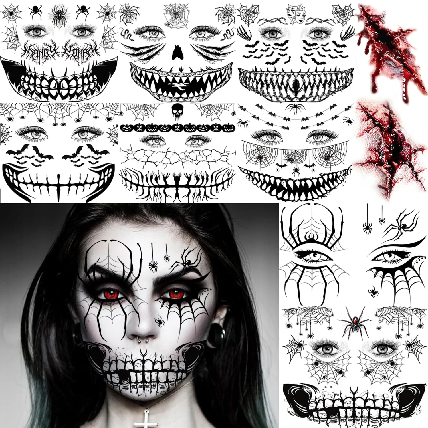 10 Sheets Scary Face Tattoos Halloween Temporary Tattoos Horrible Stitch Mouth Bucktooth Face Sticker, Realistic Spiderweb Bat Fake Scratch Scar Tattoos Halloween Costume Zombie Skull Witch Makeup Kit