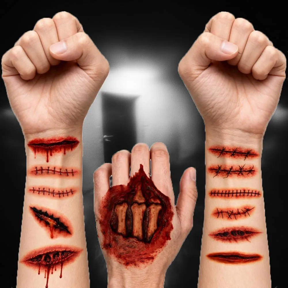 Halloween Fake Scar Tattoos Wound and Zombie Makeup Stickers，a