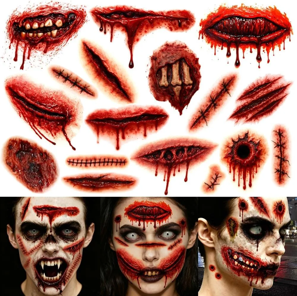 Halloween Fake Scar Tattoos Wound and Zombie Makeup Stickers，a