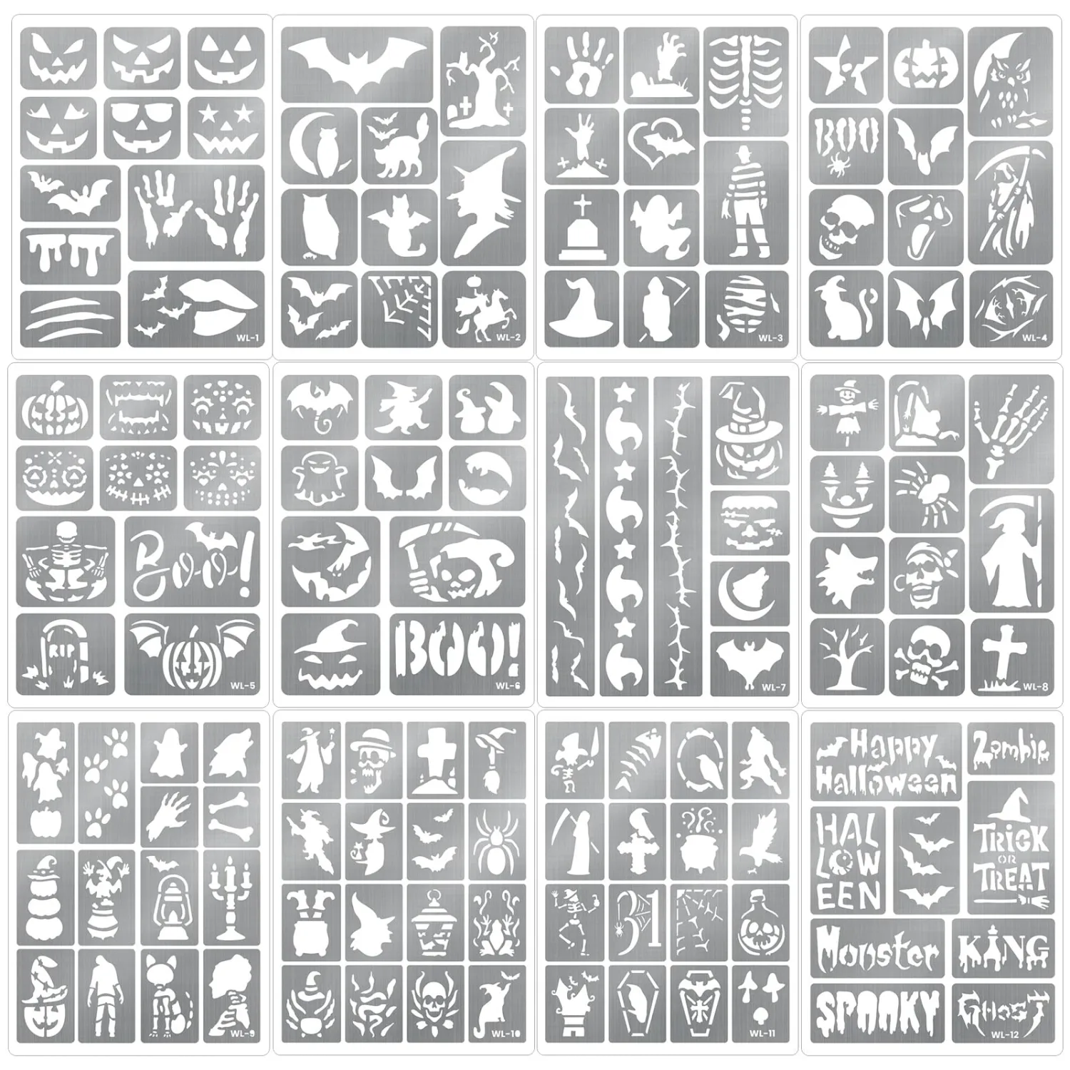 135 PCS Temporary Tattoo Stencils for Kids and Adults Halloween Party Supplies, 12 Sheets Halloween Ghost Witch Bat Glitter Tattoo Stencil for Boys Girls, Face and Body Paint Stencils Kit, Reusable
