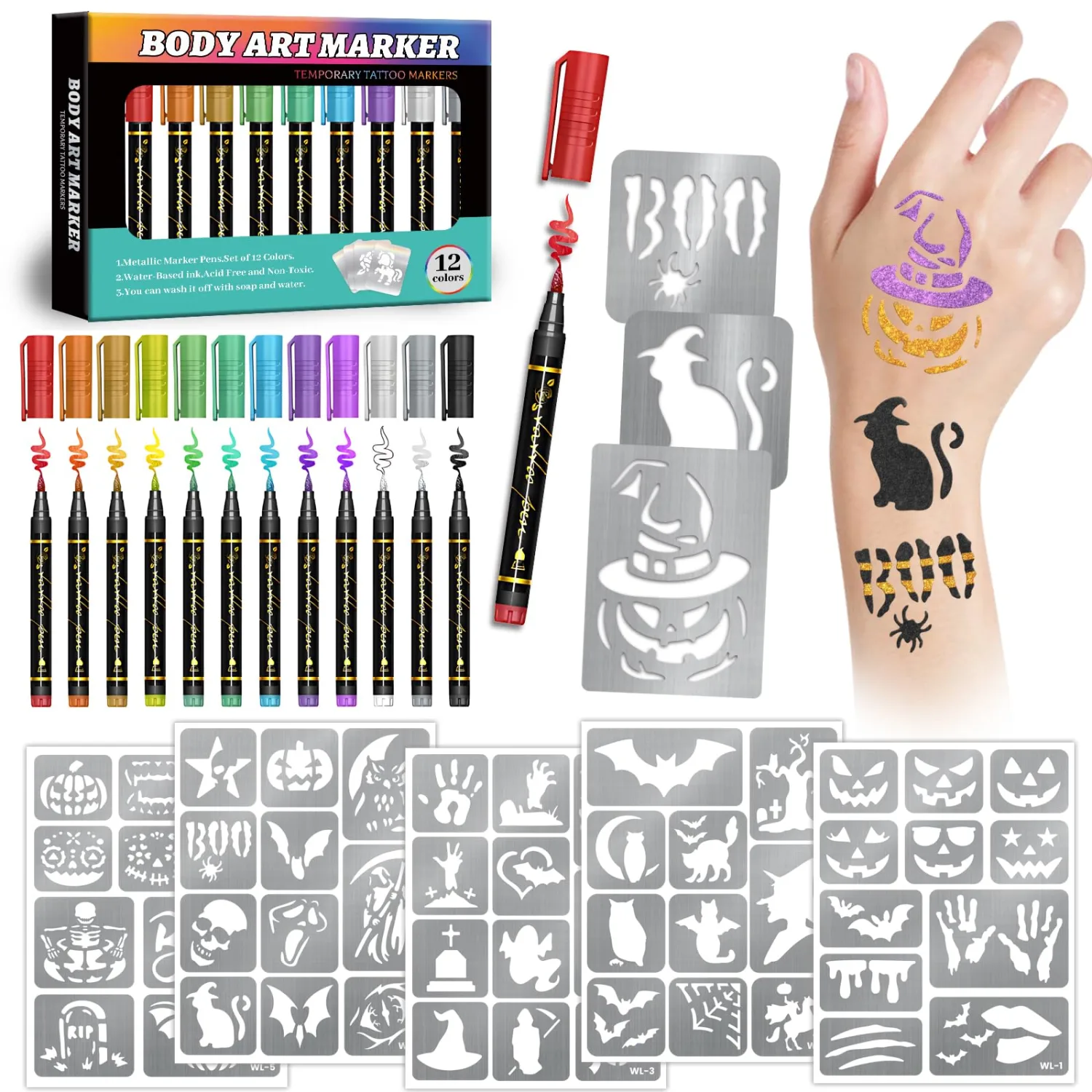 Temporary Tattoo Markers, 12 Metallic Markers and 135 Halloween Tattoo Stencil Designs, Cosmetic Tattoos Pens for Halloween Party Faovr