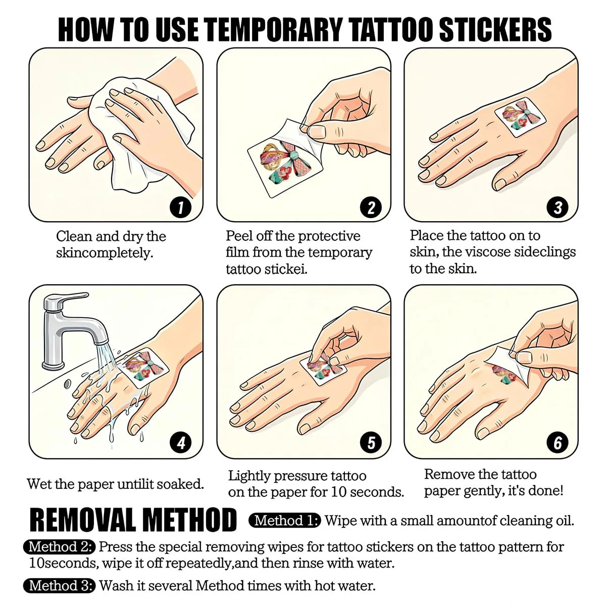 60Pcs princess Temporary Tattoos, Waterproof Cartoon Tattoo Stickers Perfect for Fans, Birthday Parties, and Christmas (Mermaid)