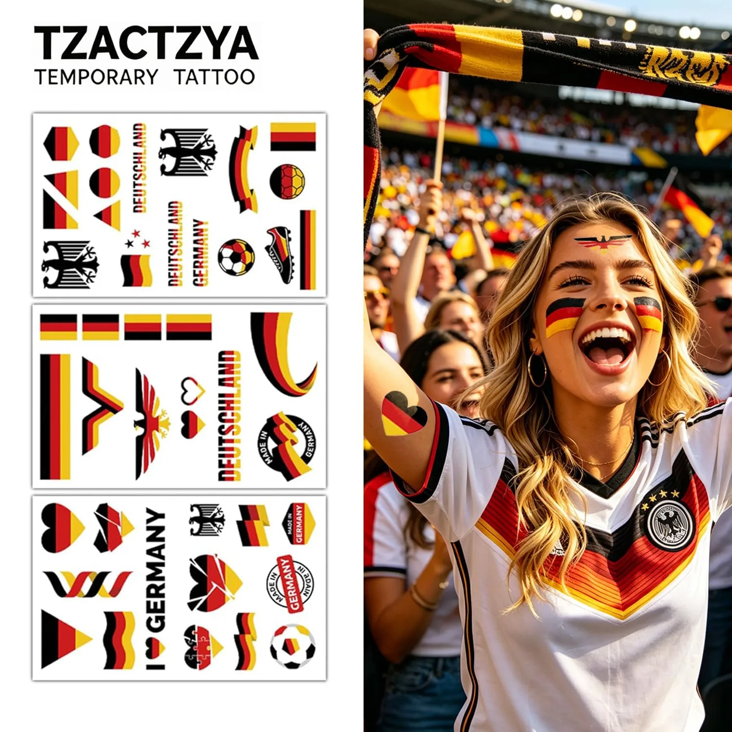 Germany Patriotic Temporary Tattoos, 3 Sheets Waterproof Black Red Gold Flag & Eagle Stickers, Football Fan Accessories for World Cup, Sports Events, Tailgates & Fan Gatherings