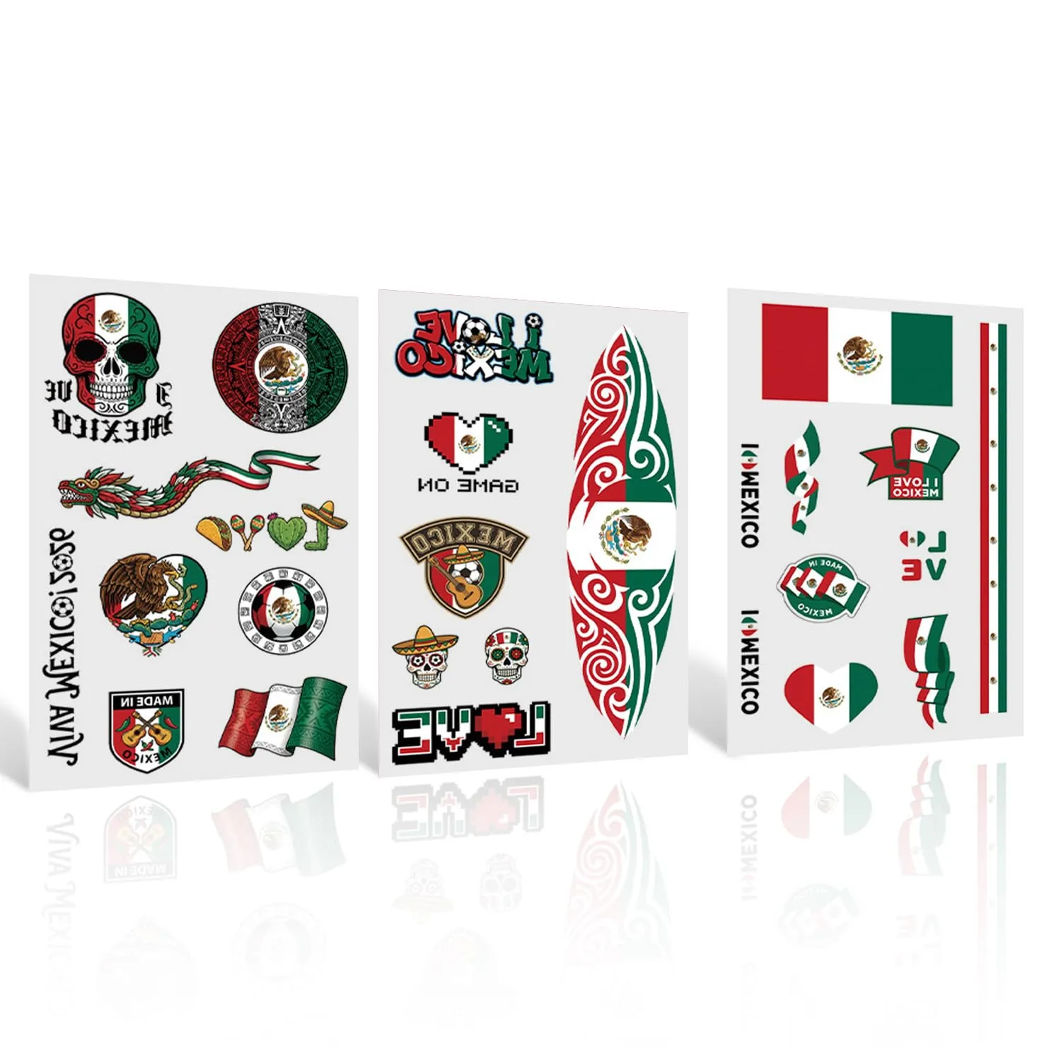 3 Sheets 26 Styles Mexico Flag Temporary Tattoo Stickers, World Cup Football Face Body Fake Tattoo Set, Waterproof Long Lasting Tattoos for Adults and Kids Party Festival Sports Events