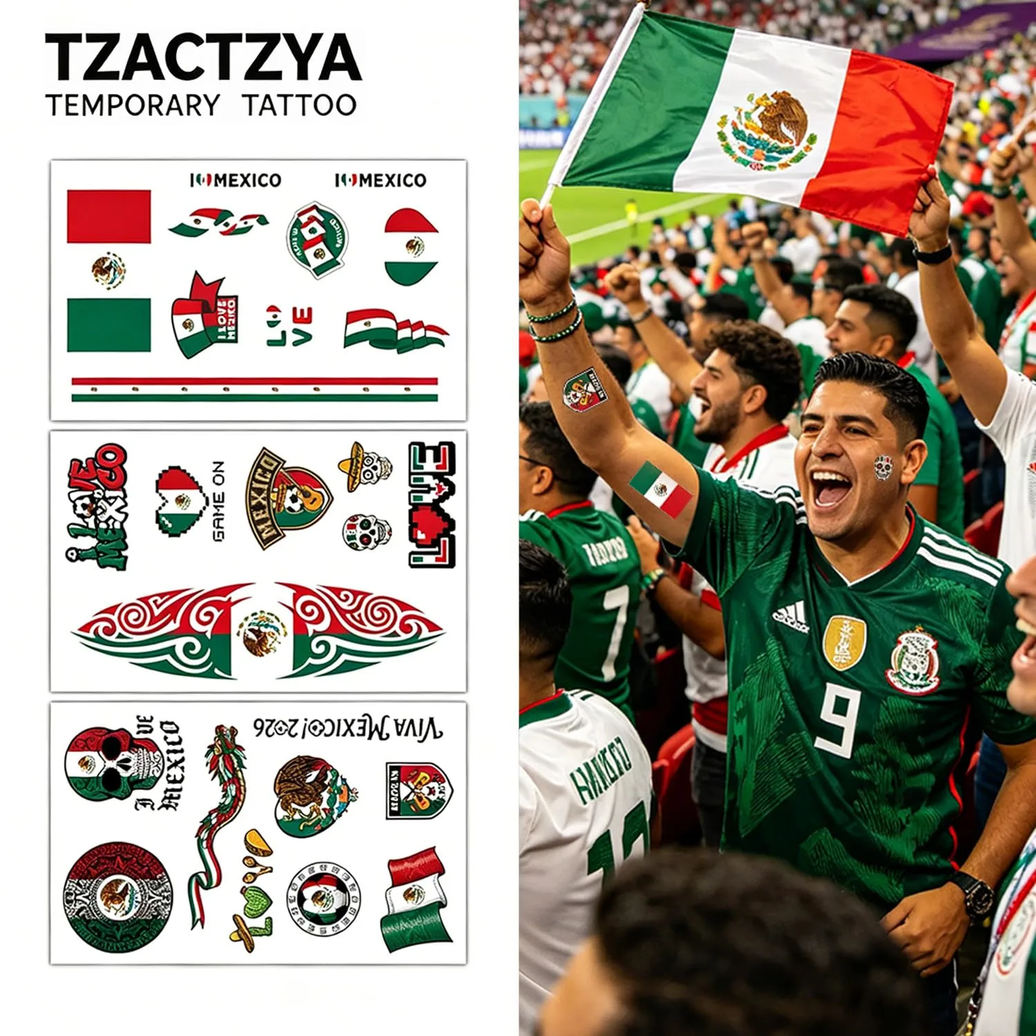 3 Sheets 26 Styles Mexico Flag Temporary Tattoo Stickers, World Cup Football Face Body Fake Tattoo Set, Waterproof Long Lasting Tattoos for Adults and Kids Party Festival Sports Events