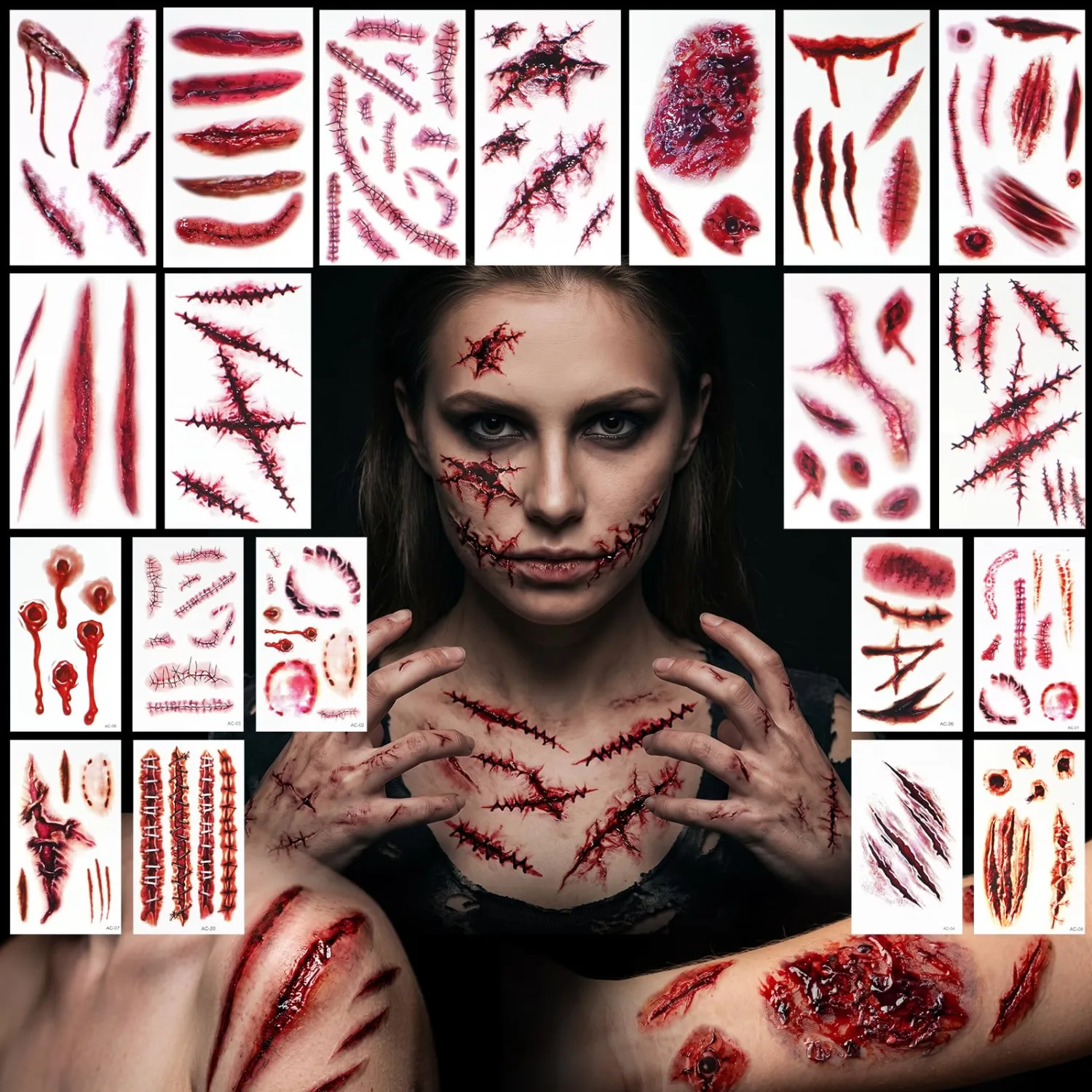 20 Sheets Halloween Fake Scar Wound Temporary Tattoos Makeup For Women Men