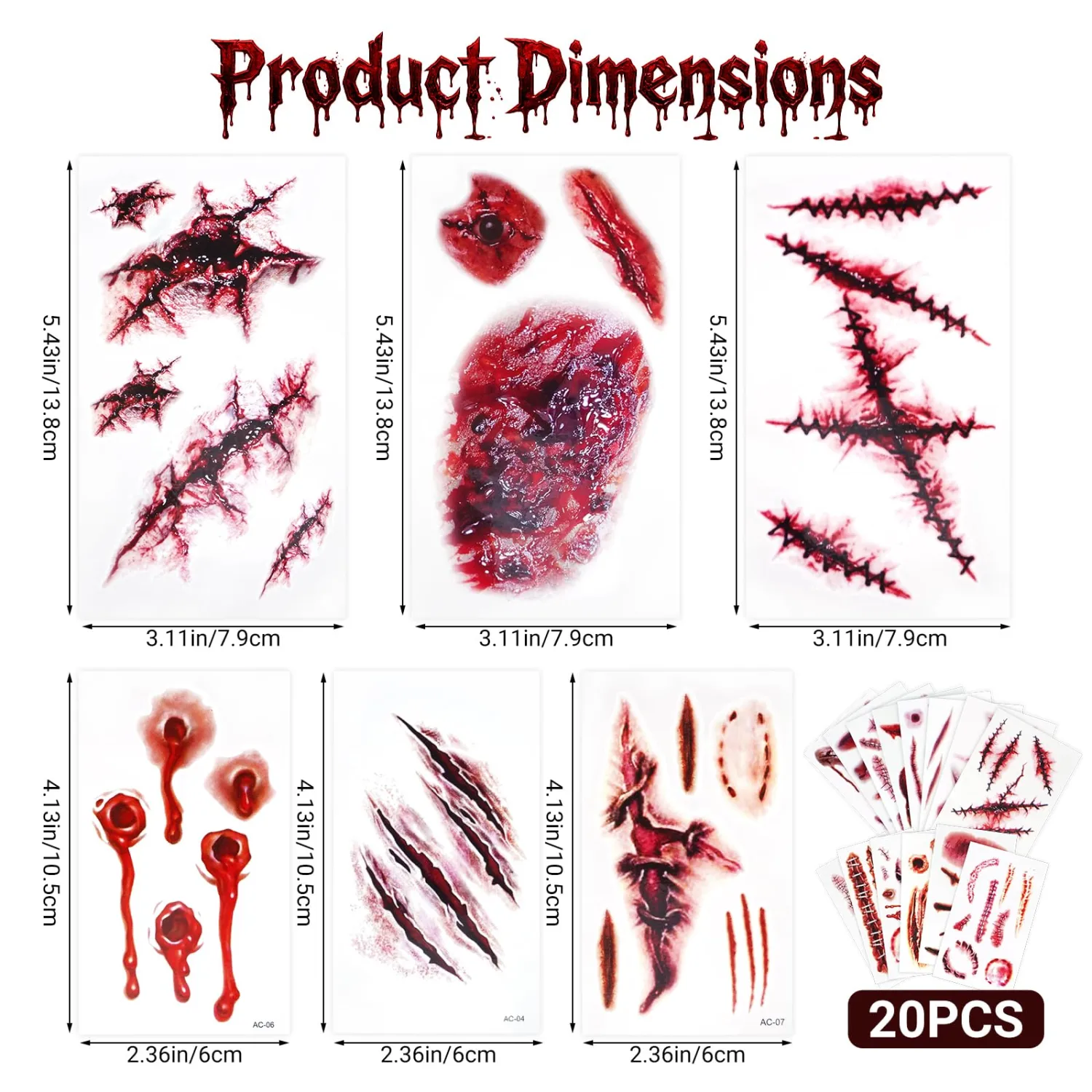 20 Sheets Halloween Fake Scar Wound Temporary Tattoos Makeup For Women Men