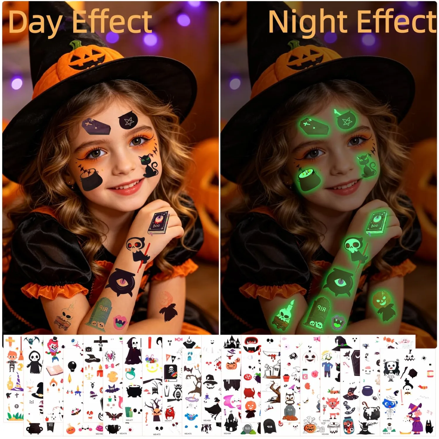 Halloween Glow in The Dark Temporary Tattoos for Kids, 370 Pcs Luminous Tattoo