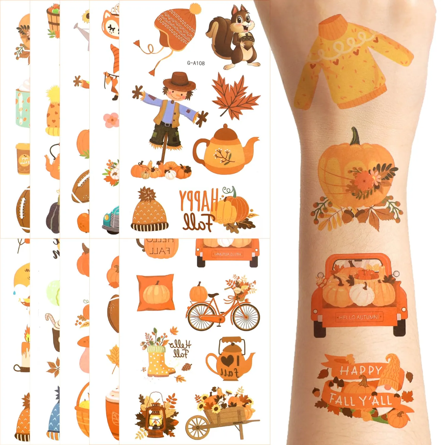 Fall Tattoos 110 Pcs, 10 Sheets Autumn Pumpkin Maple Leaf Stickers