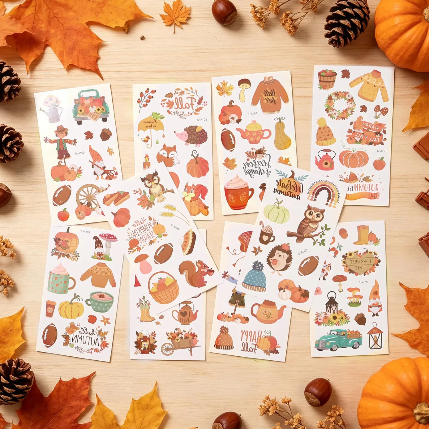 Fall Tattoos 110 Pcs, 10 Sheets Autumn Pumpkin Maple Leaf Stickers