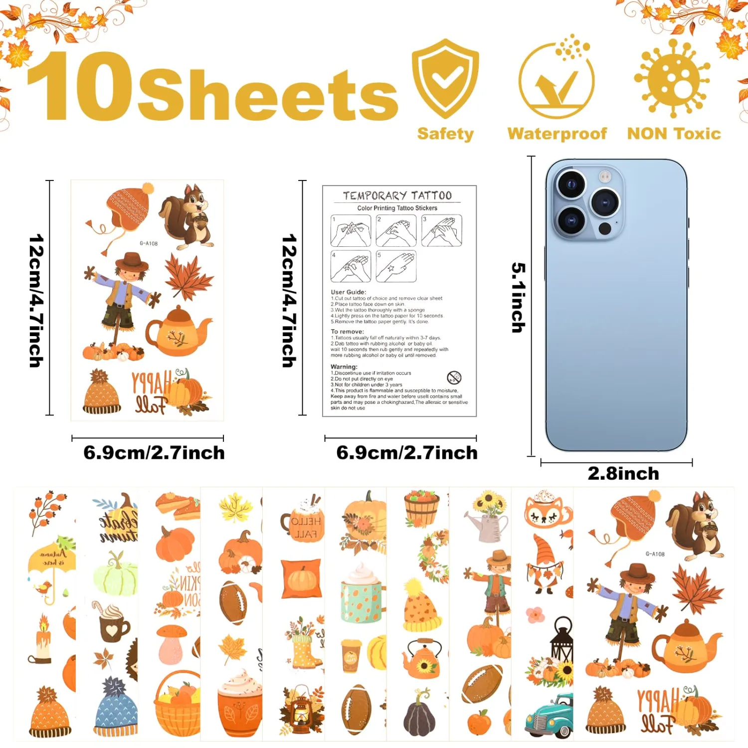 Fall Tattoos 110 Pcs, 10 Sheets Autumn Pumpkin Maple Leaf Stickers