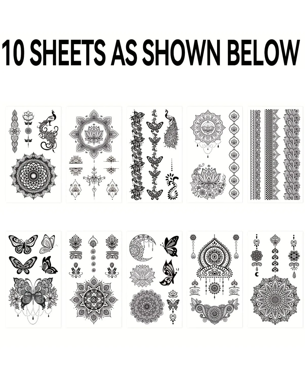 10sheets Black Henna Temporary Tattoos Mandala Flower Tatoos