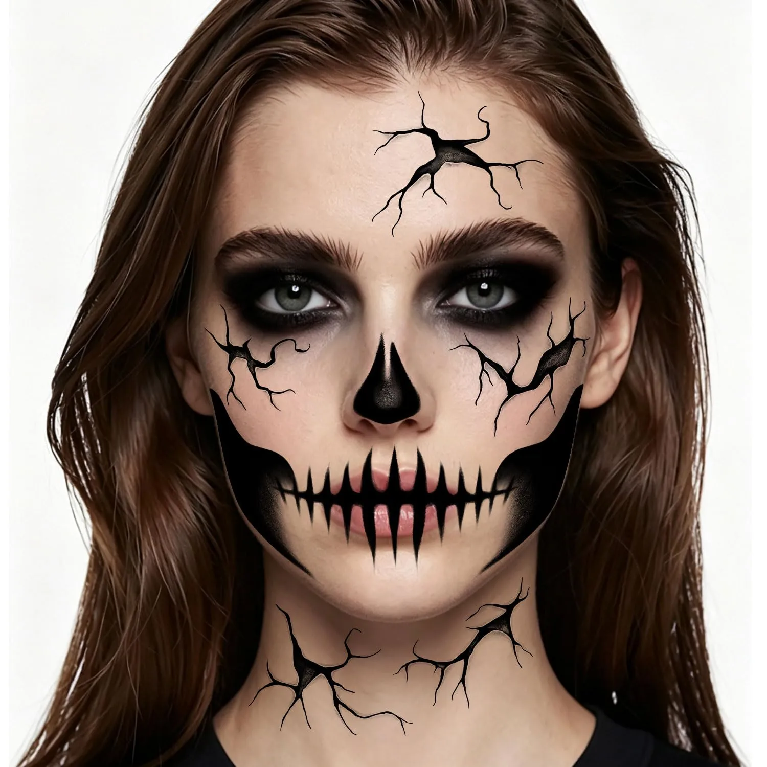 Halloween Face Tattoos Temporary Black Tattoo for Men and Women, Adult, Skeleton Mouth Tattoo Face Sticker, Horror Zombie Witch Makeup Kit, Scary Halloween Face Decals 4 Sheets