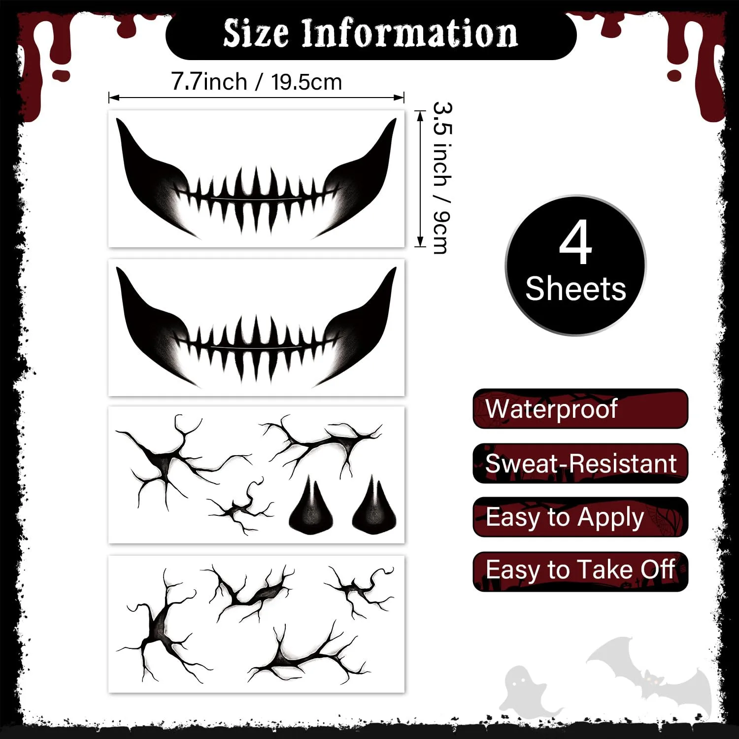 Halloween Face Tattoos Temporary Black Tattoo for Men and Women, Adult, Skeleton Mouth Tattoo Face Sticker, Horror Zombie Witch Makeup Kit, Scary Halloween Face Decals 4 Sheets
