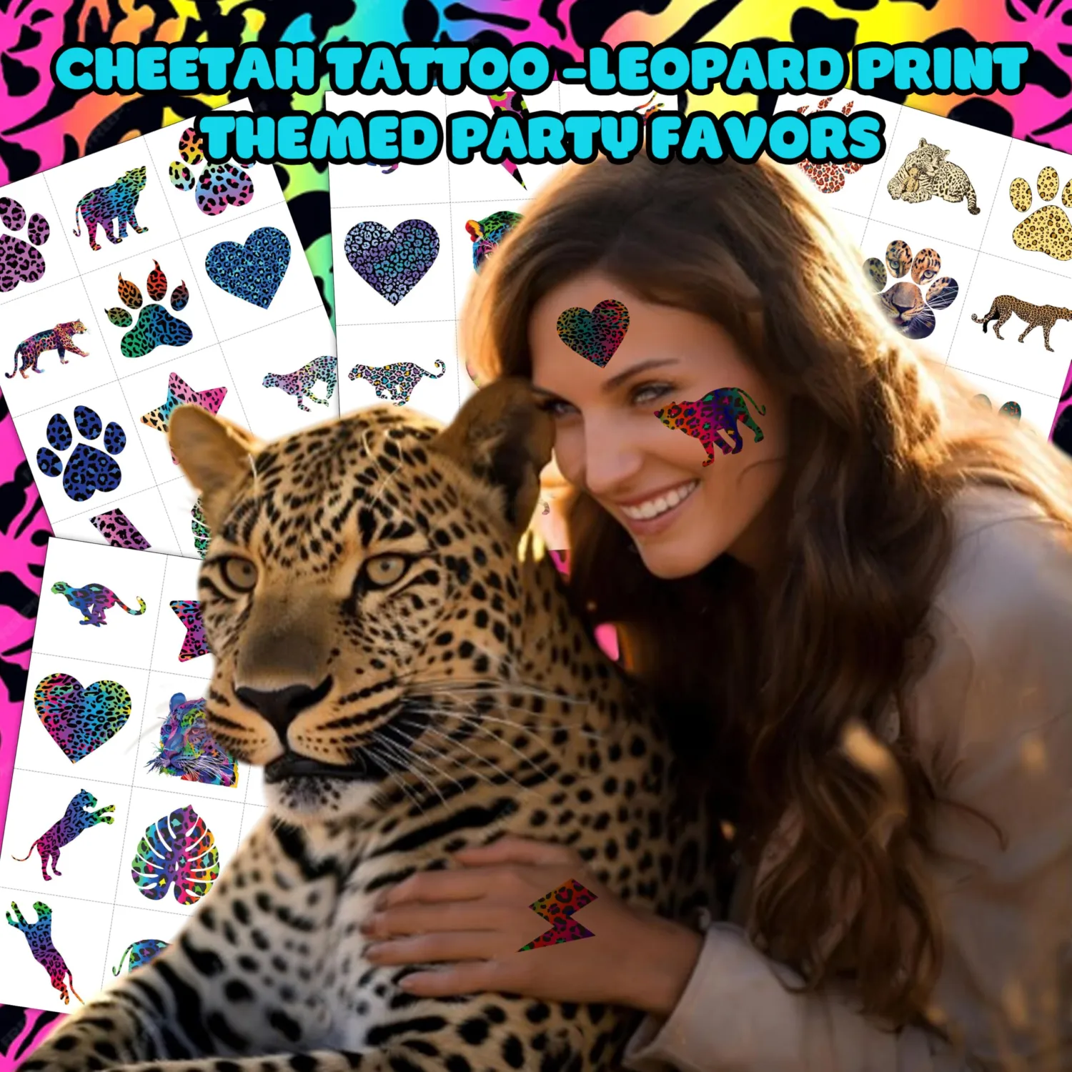 Cheetah Tattoos Temporary Pre-Cut, Cheetah Print, 5 Sheets (60 PCS)