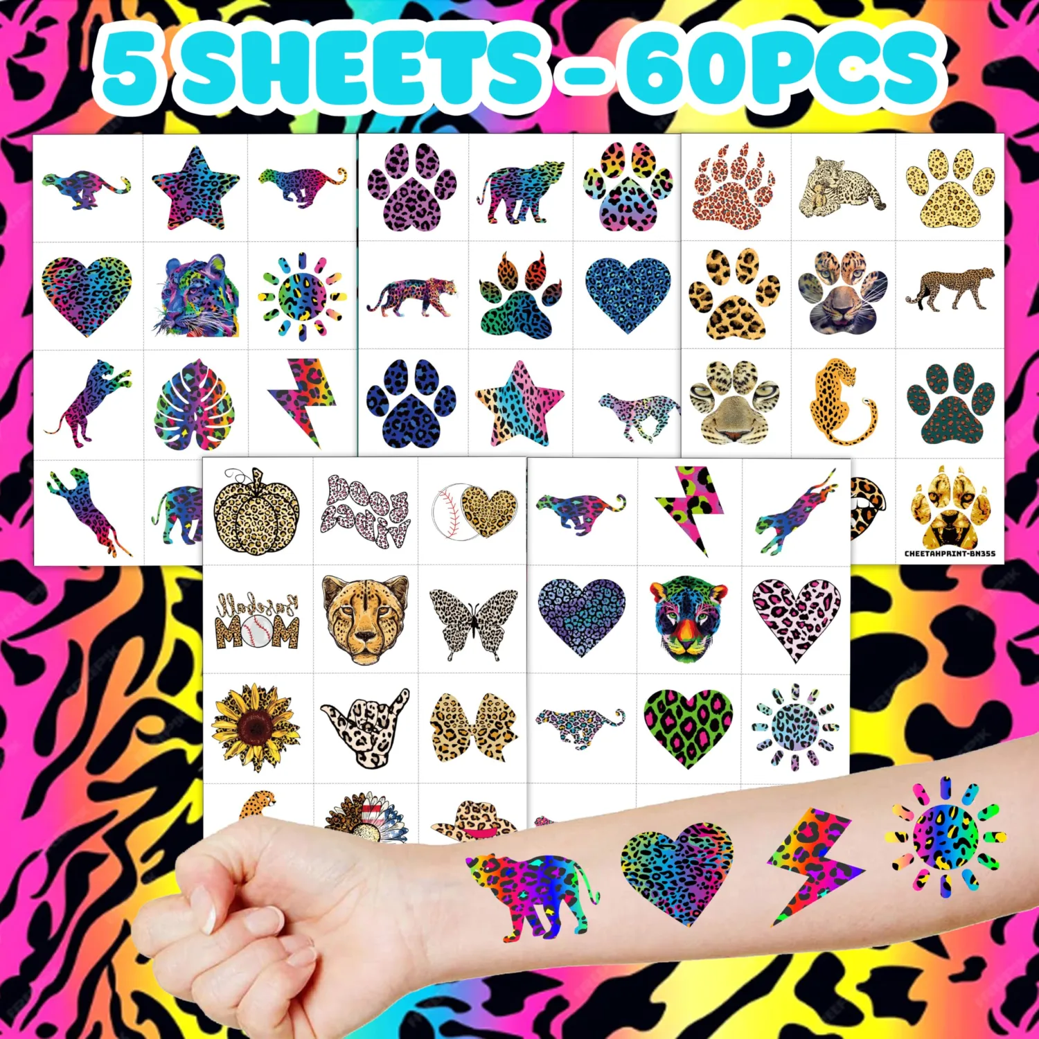 Cheetah Tattoos Temporary Pre-Cut, Cheetah Print, 5 Sheets (60 PCS)