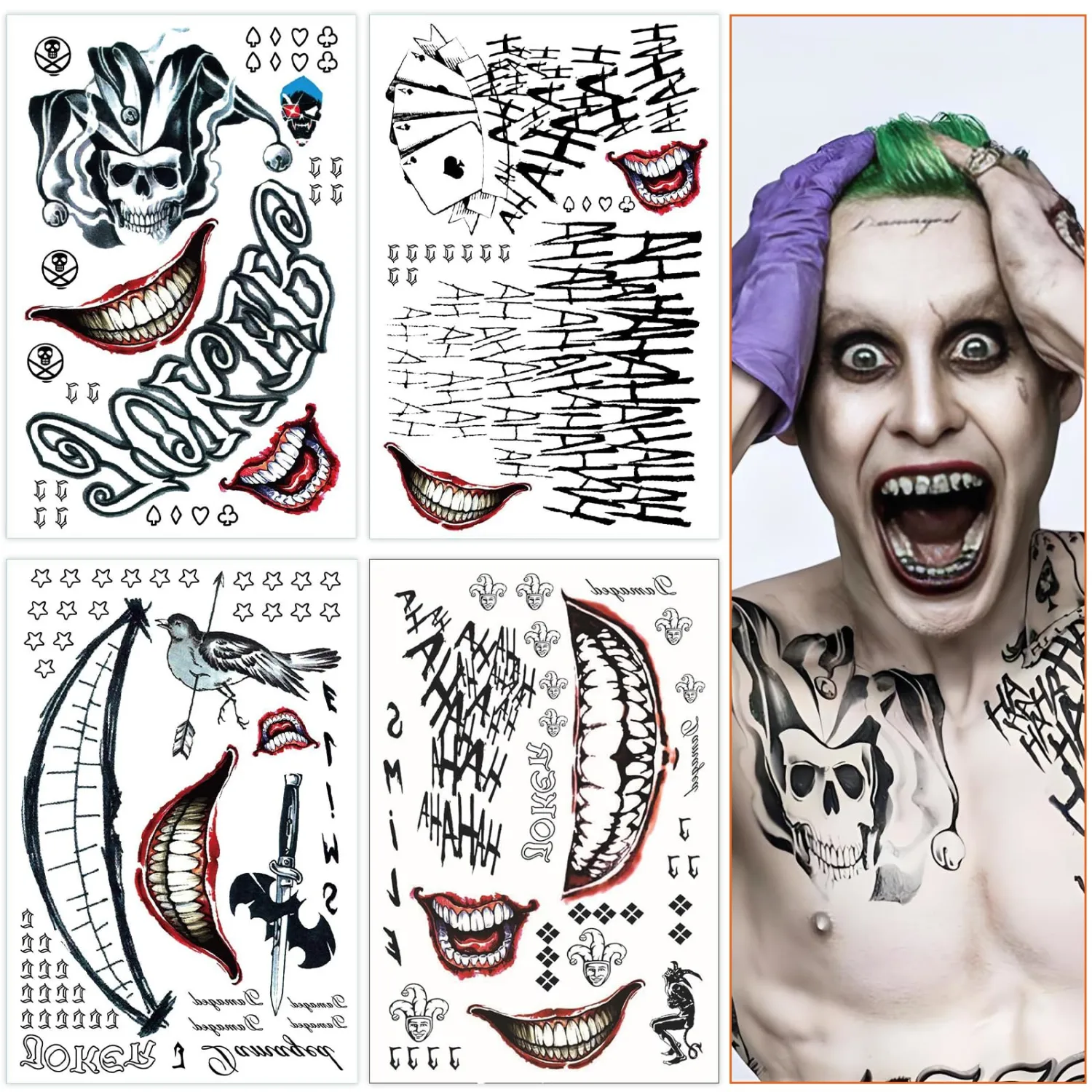 Joker Tattoos 4 Sheets, Halloween Temporary Tattoos Stickers Adults