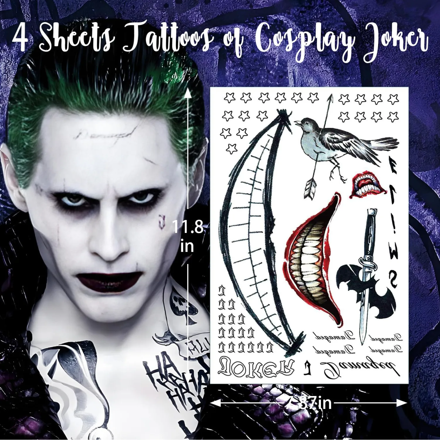 Joker Tattoos 4 Sheets, Halloween Temporary Tattoos Stickers Adults