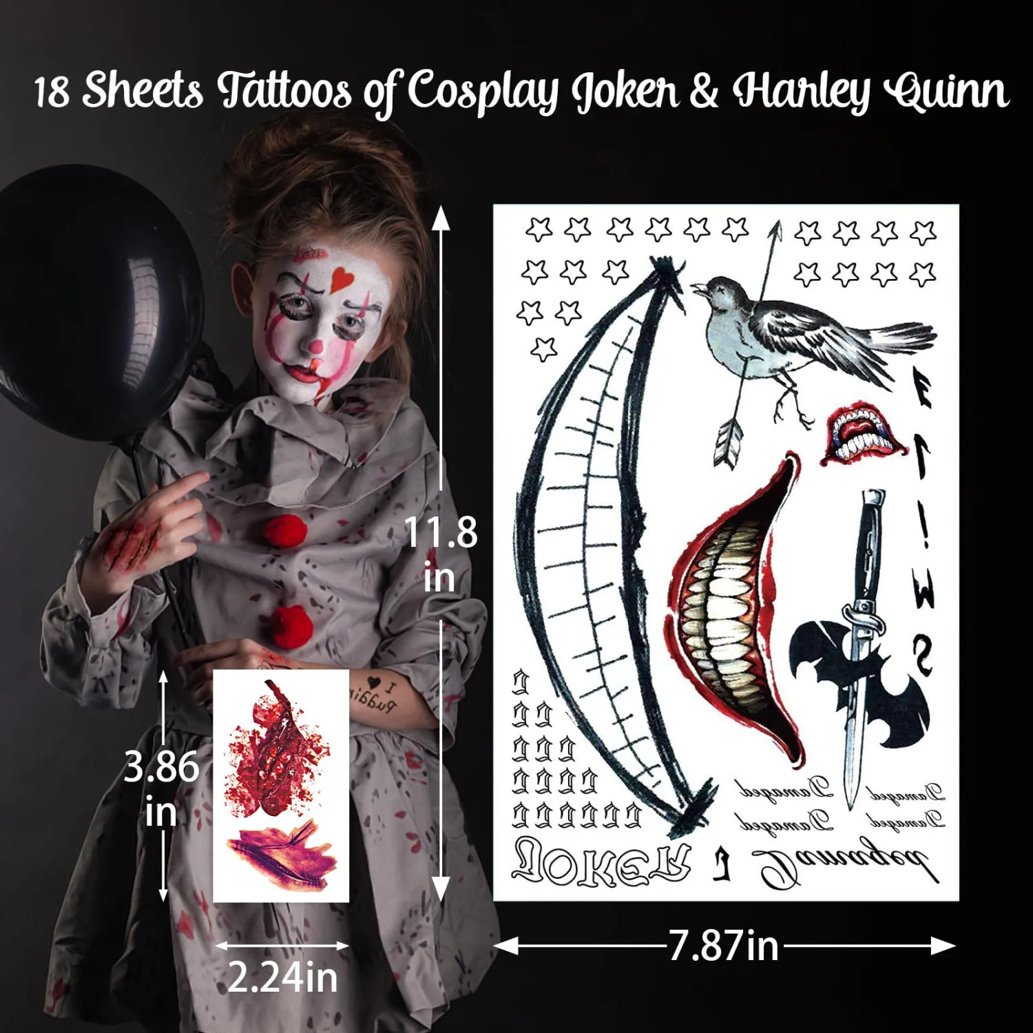 18 Sheets Joker HQ Tattoos, Realistic Halloween Temporary Tattoos Adult