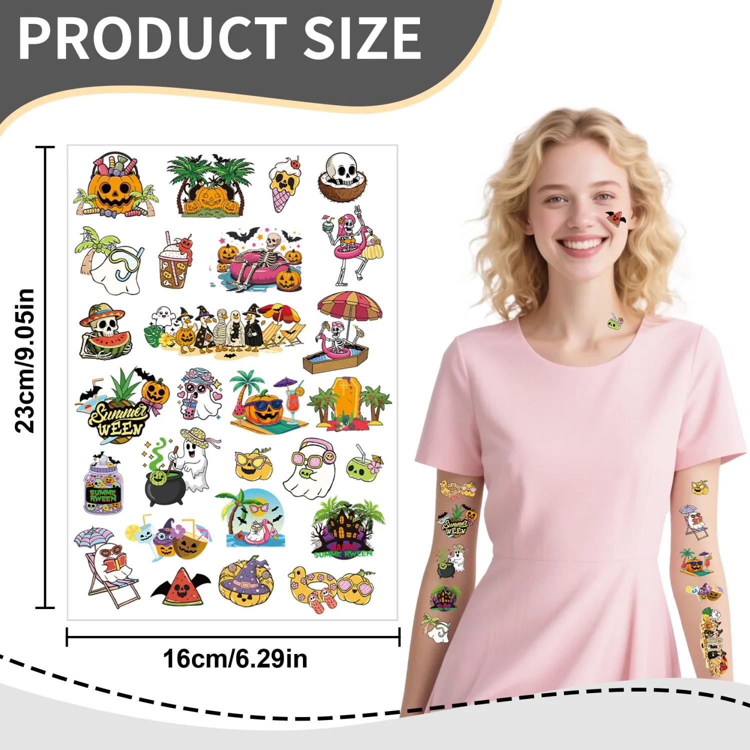 Over 200 Summer Halloween Temporary Tattoos, 8 Sheets