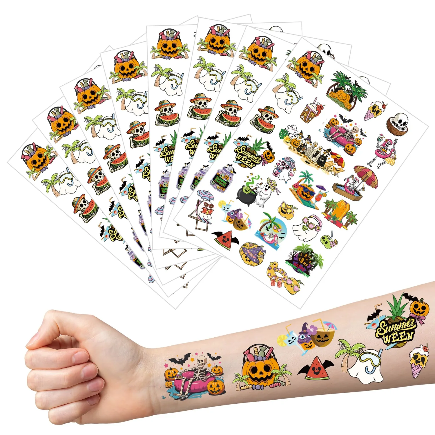 Over 200 Summer Halloween Temporary Tattoos, 8 Sheets