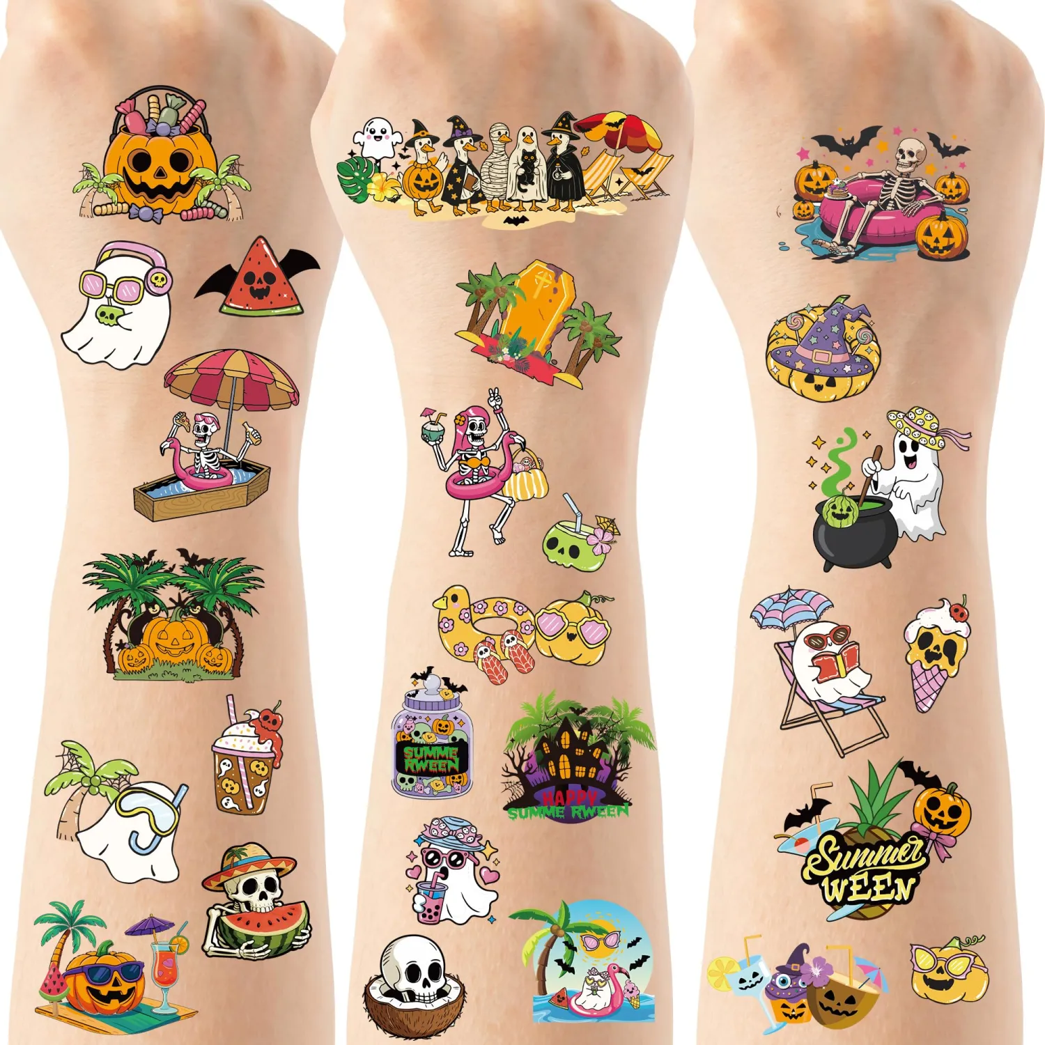 Over 200 Summer Halloween Temporary Tattoos, 8 Sheets