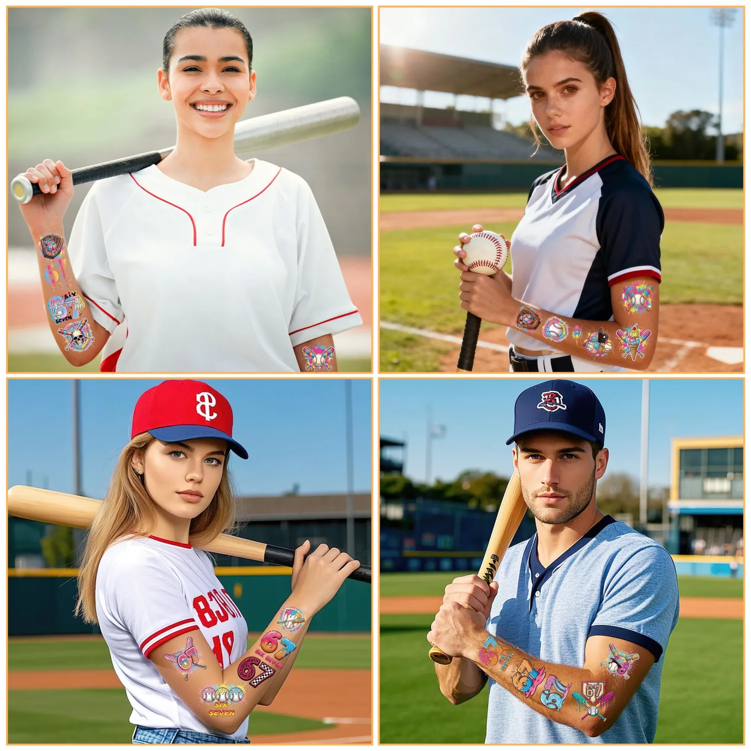 192 Pcs Ice Cream Drip Baseball Temporary Tattoos, 8 Sheets