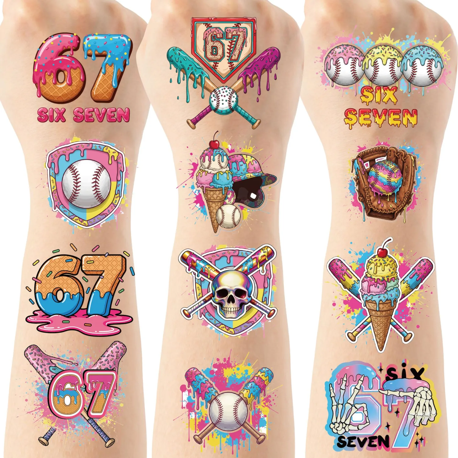 192 Pcs Ice Cream Drip Baseball Temporary Tattoos, 8 Sheets