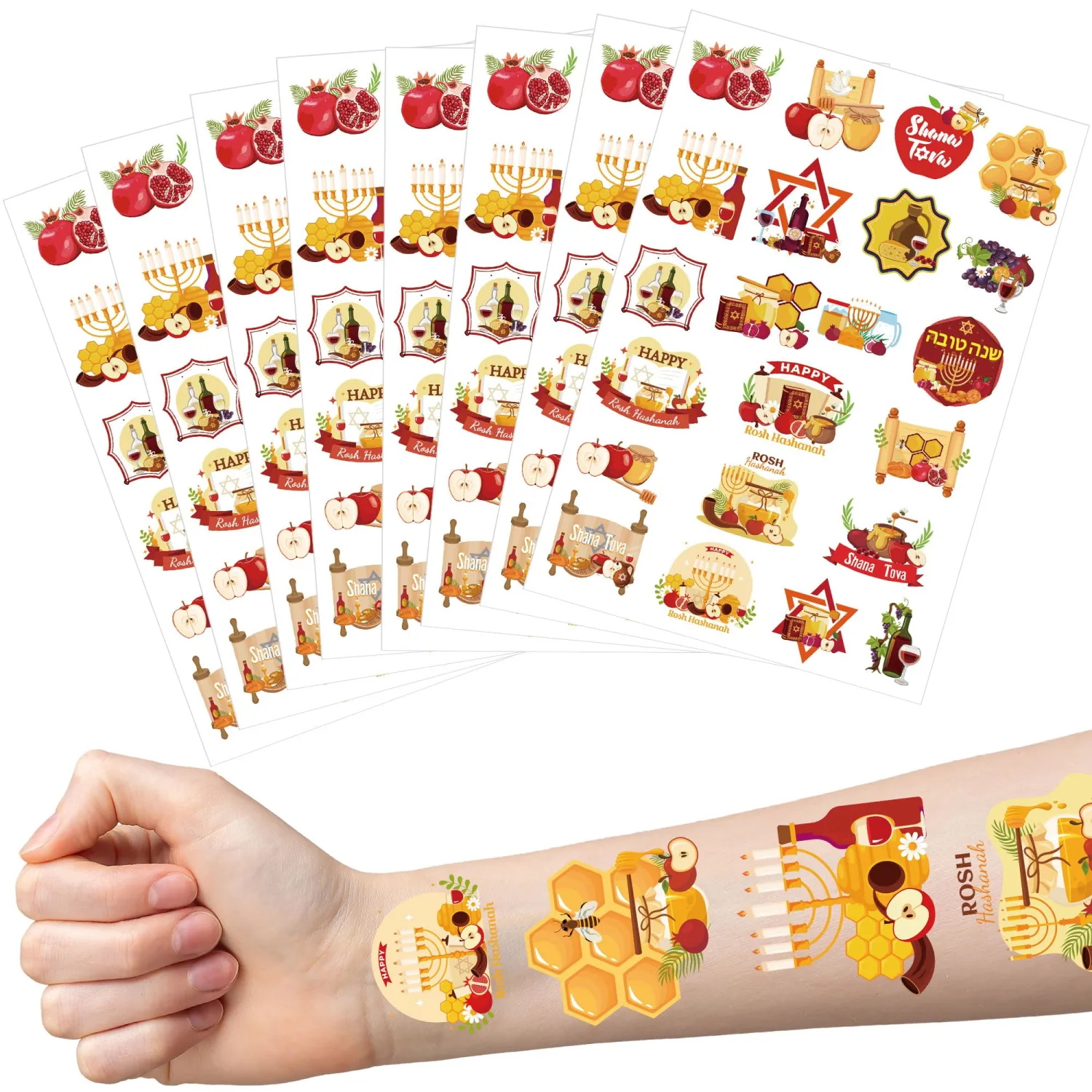 176 Pcs Happy Rosh Hashanah Temporary Tattoos, 8 Sheets