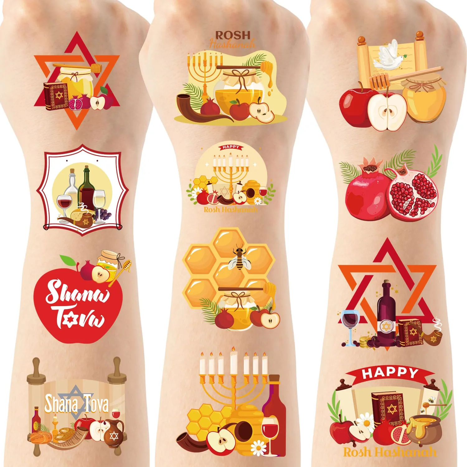 176 Pcs Happy Rosh Hashanah Temporary Tattoos, 8 Sheets