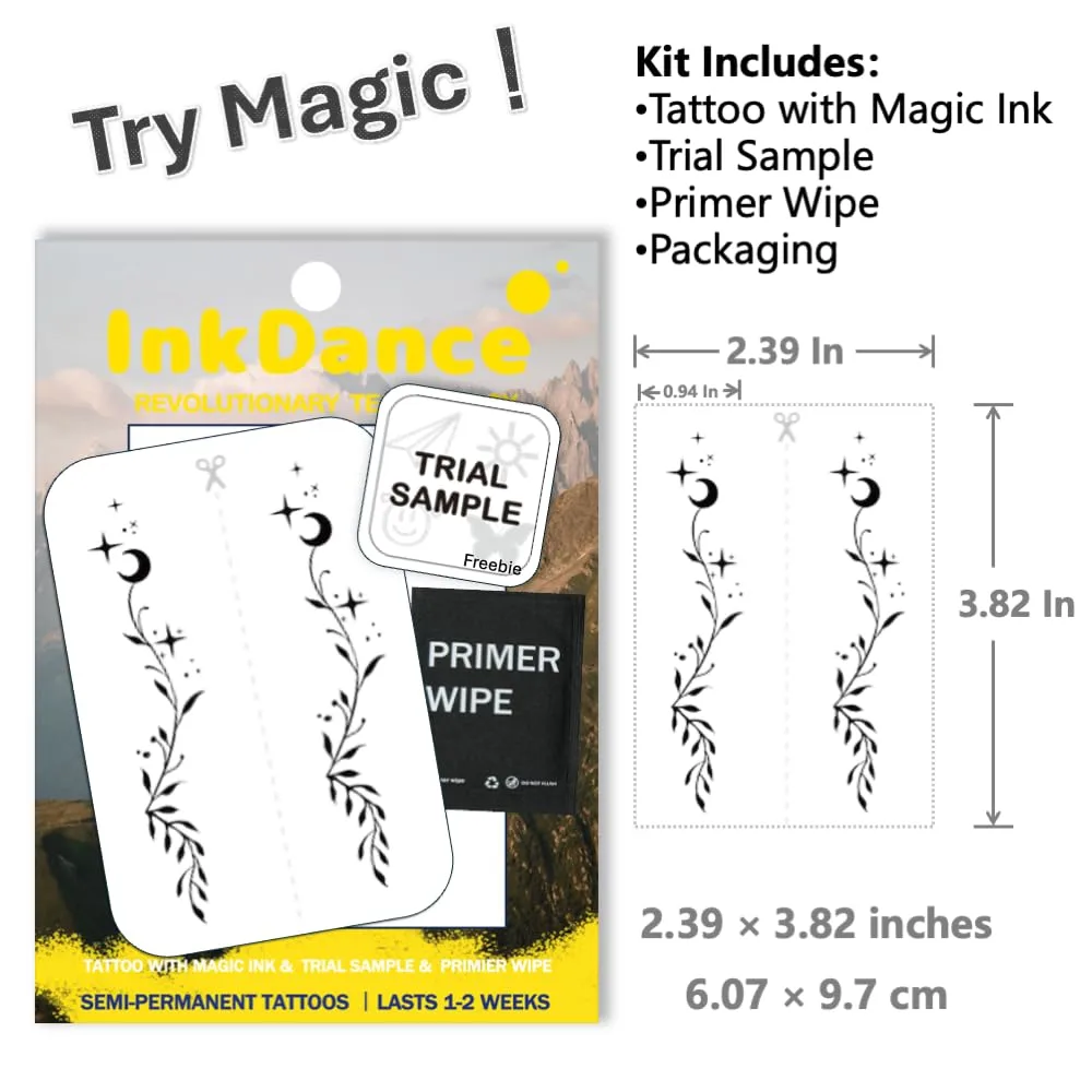 Semi-Permanent Tattoo, Celestial Floral Vine, Long Lasting Temporary Tattoos, Waterproof Plant-Based Ink, Lasts 1-2 Weeks, Color Develops in 24 Hours X258, Set of 2