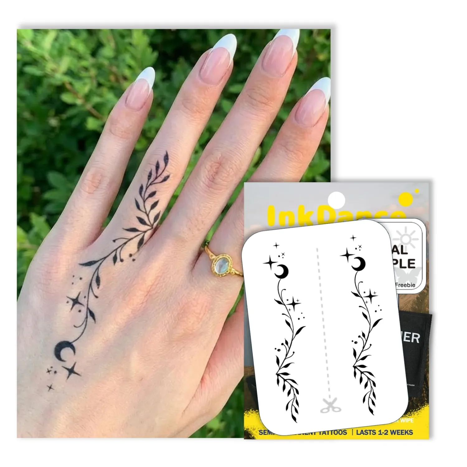 Semi-Permanent Tattoo, Celestial Floral Vine, Long Lasting Temporary Tattoos, Waterproof Plant-Based Ink, Lasts 1-2 Weeks, Color Develops in 24 Hours X258, Set of 2