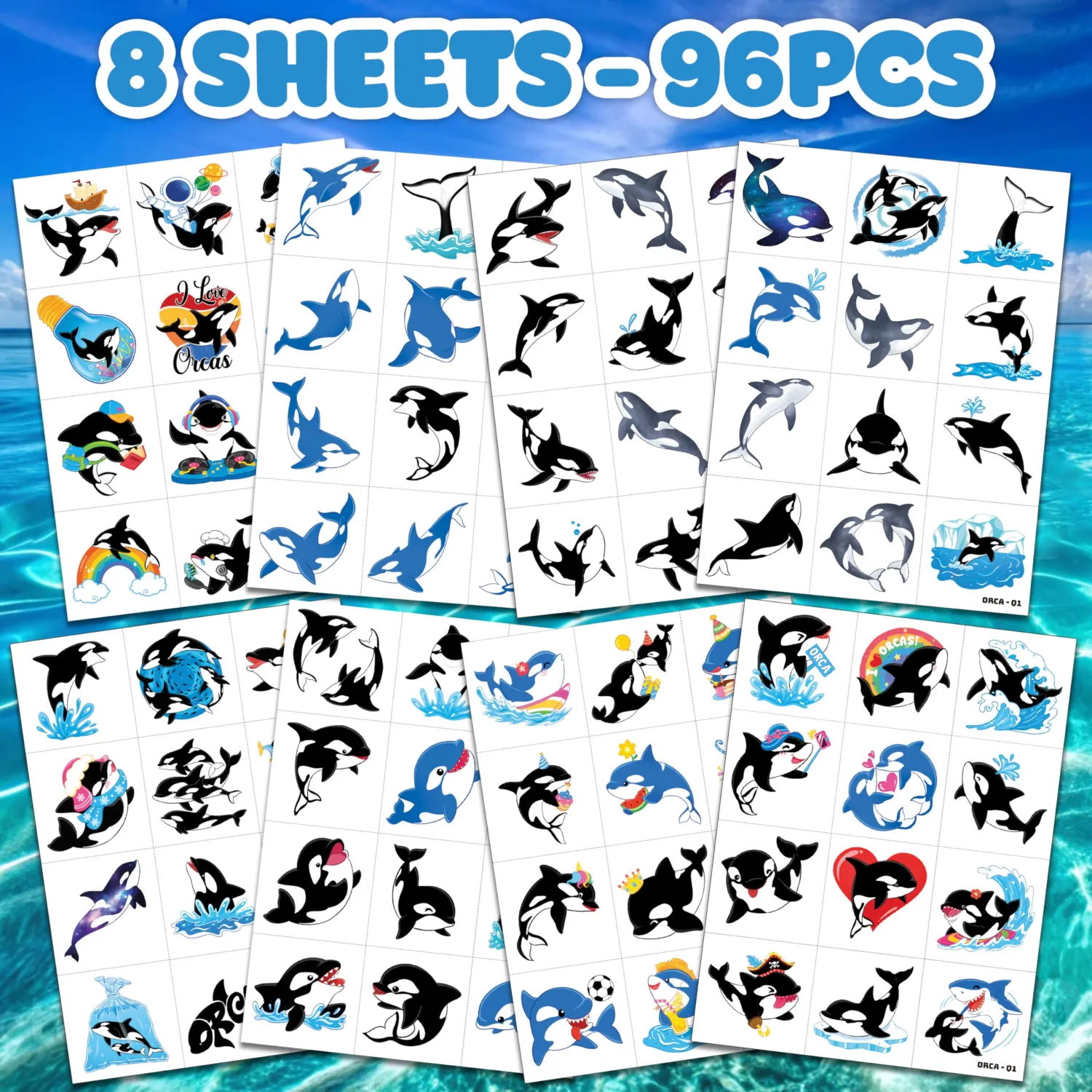 96 PCS Cute Orca Pre-Cut Temporary Tattoos for Kids