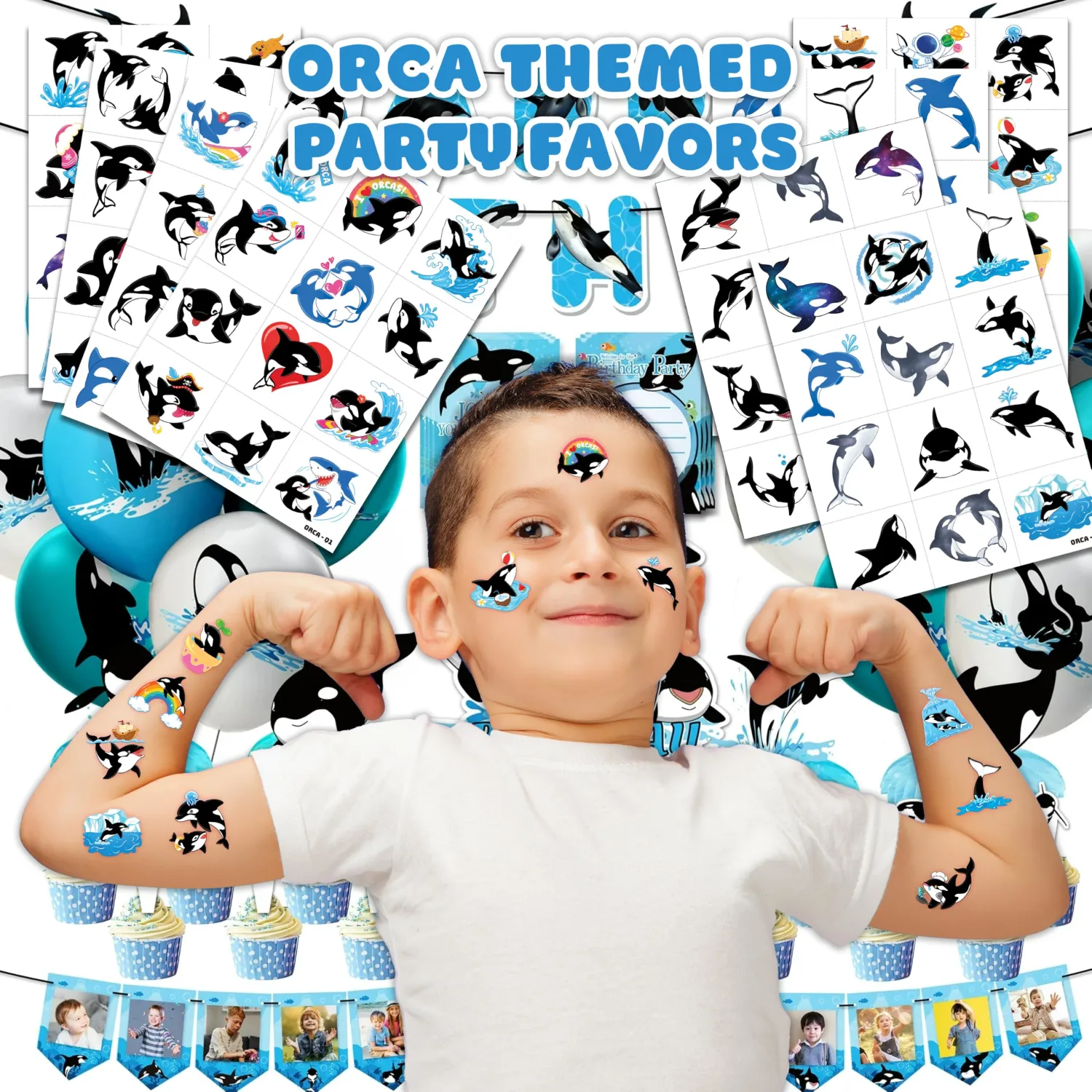 96 PCS Cute Orca Pre-Cut Temporary Tattoos for Kids