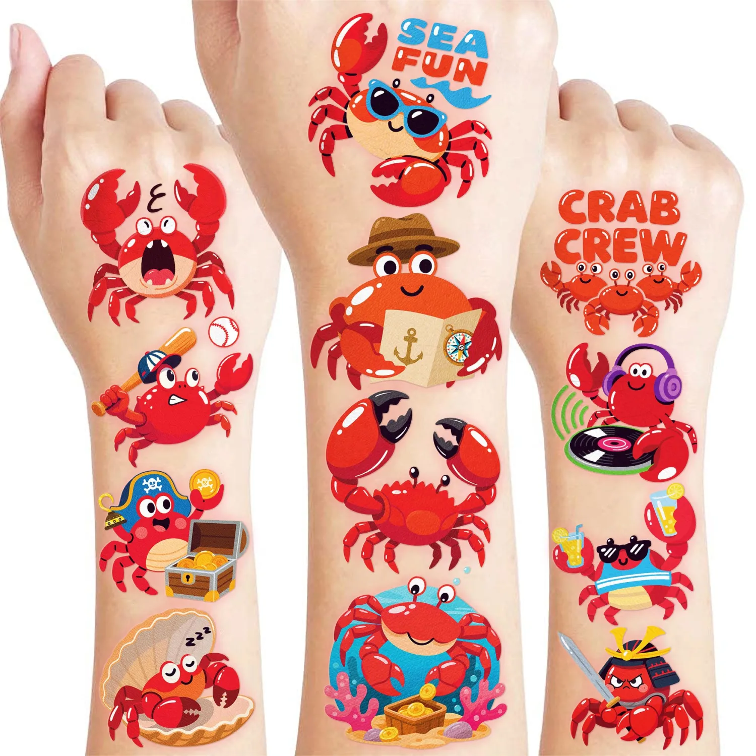 96 PCS Crab Pre-cut Temporary Tattoos for Kids Cute Waterproof Stickers