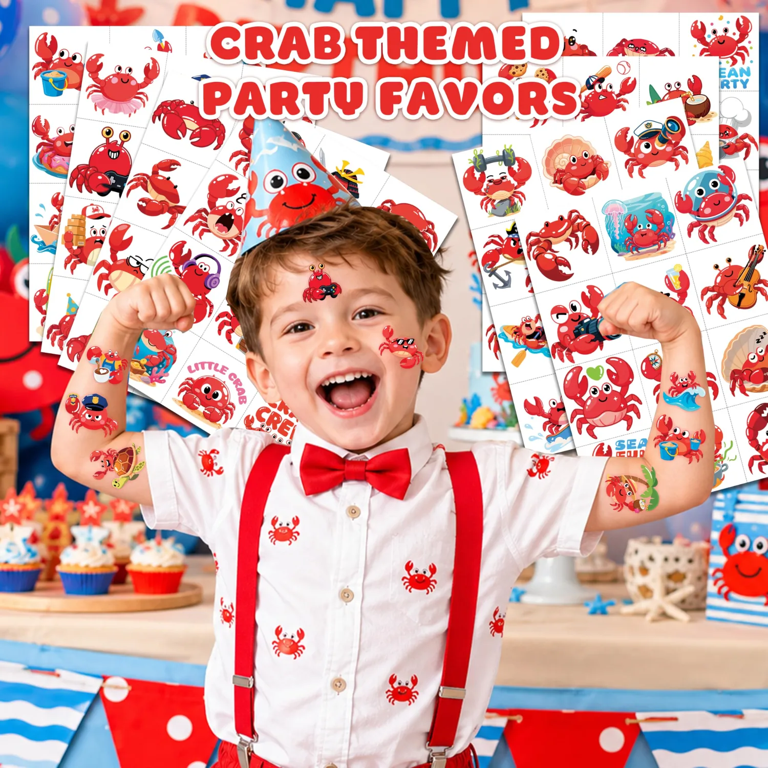 96 PCS Crab Pre-cut Temporary Tattoos for Kids Cute Waterproof Stickers