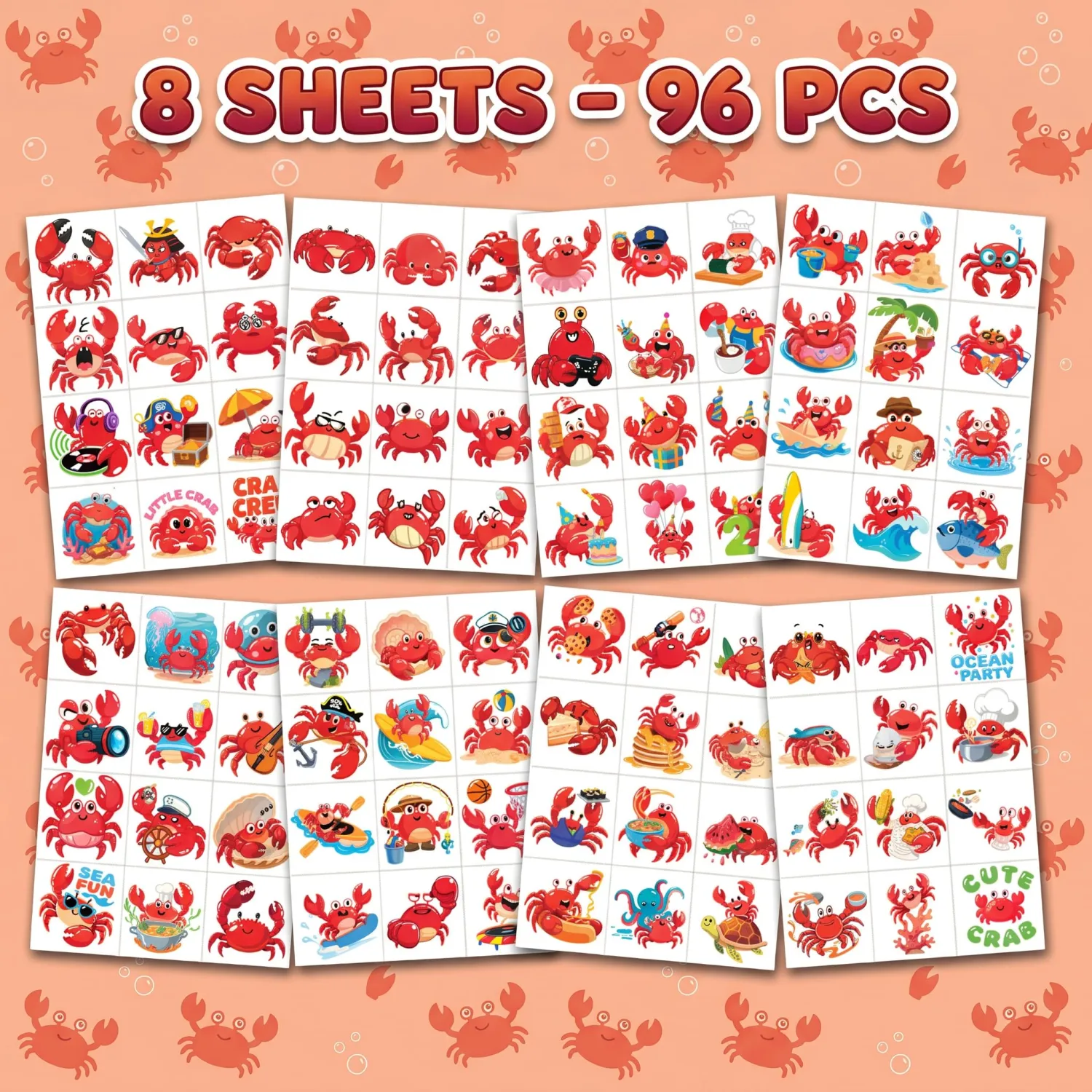 96 PCS Crab Pre-cut Temporary Tattoos for Kids Cute Waterproof Stickers