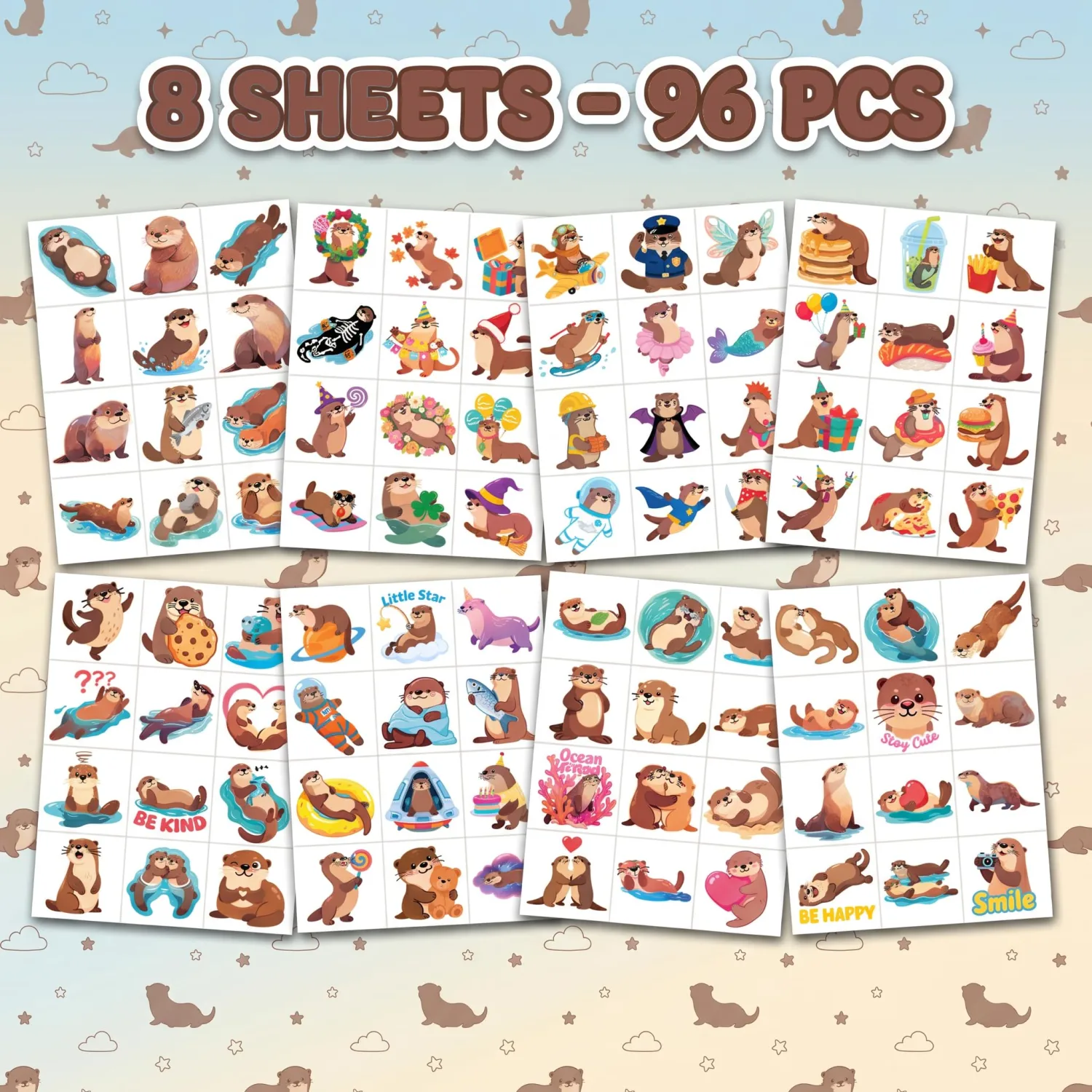 96 PCS Cute Otter Pre-cut Temporary Tattoos for Kids Party