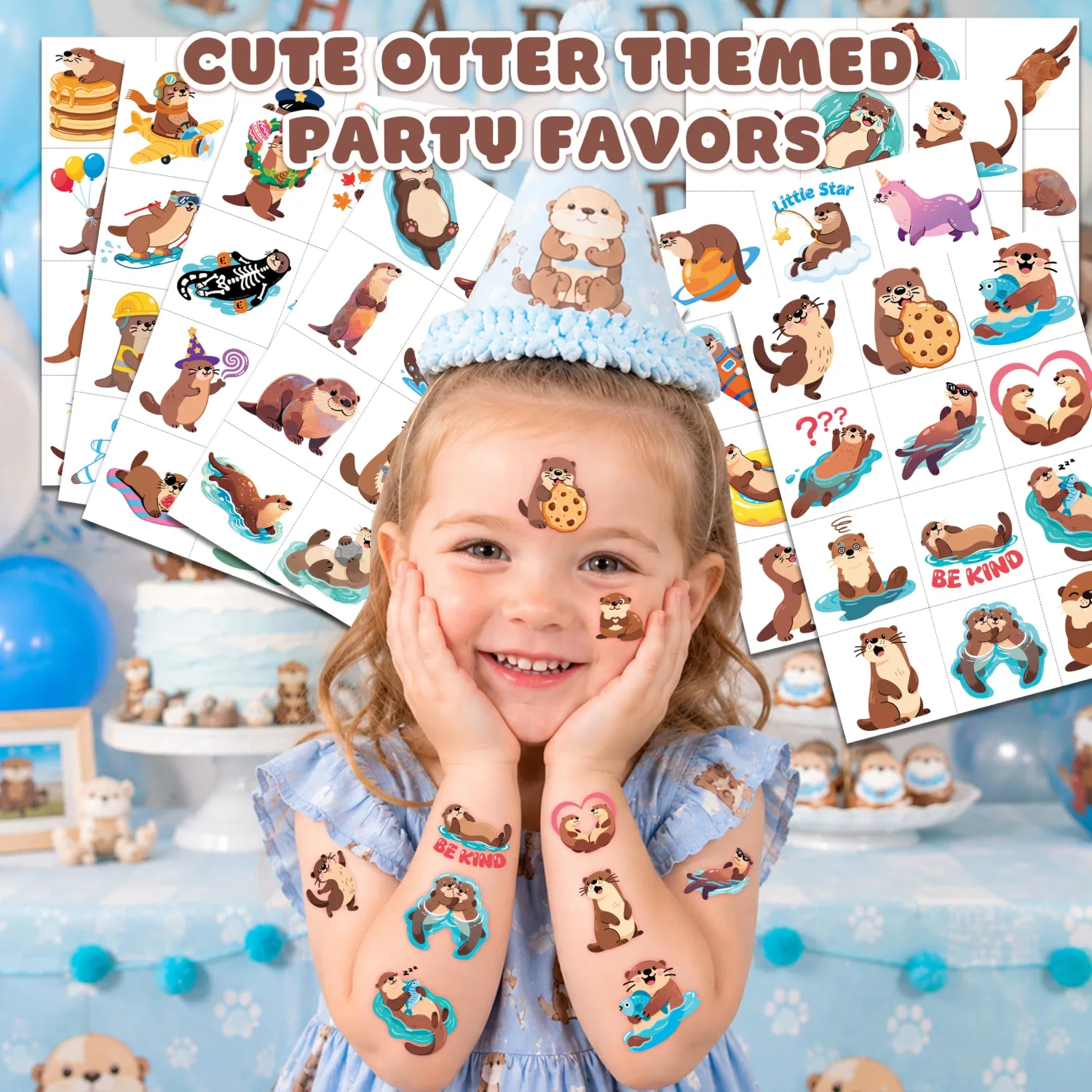 96 PCS Cute Otter Pre-cut Temporary Tattoos for Kids Party
