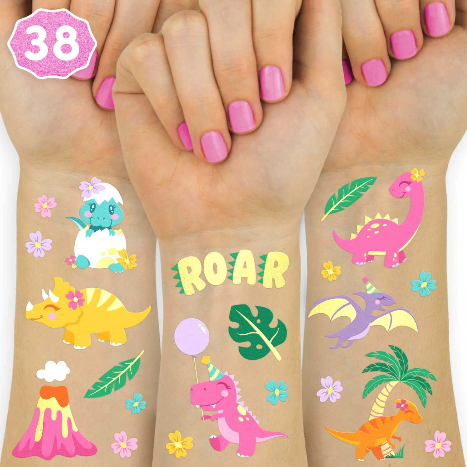 xo, Fetti 38pc Dinosaur Temporary Tattoos | Kids Party Birthday T-rex