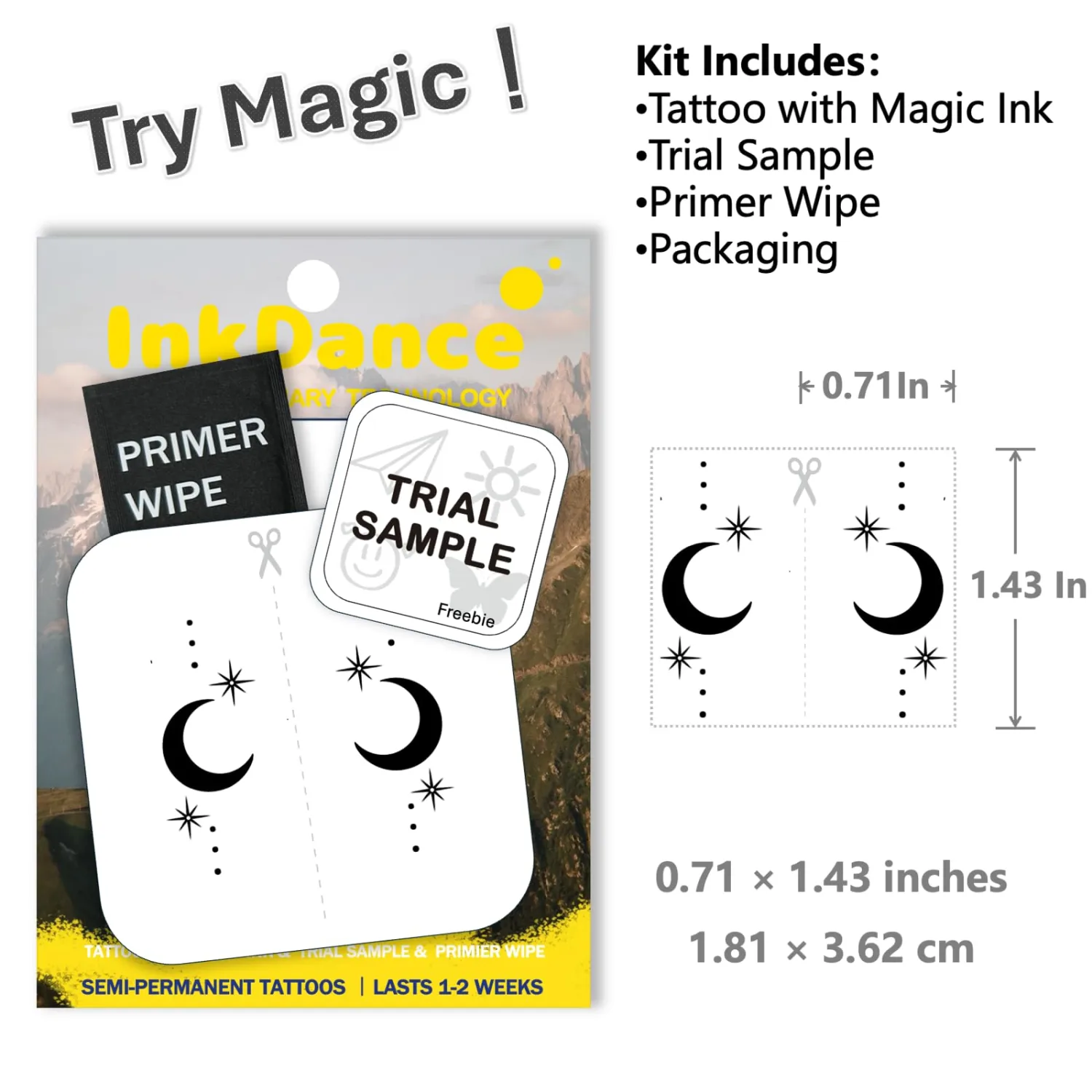 Semi-Permanent Tattoo, Lunar Moon, Long Lasting Temporary Tattoos, Waterproof Plant-Based Ink, Lasts 1-2 Weeks, Color Develops in 24 Hours MNF204, Set of 2
