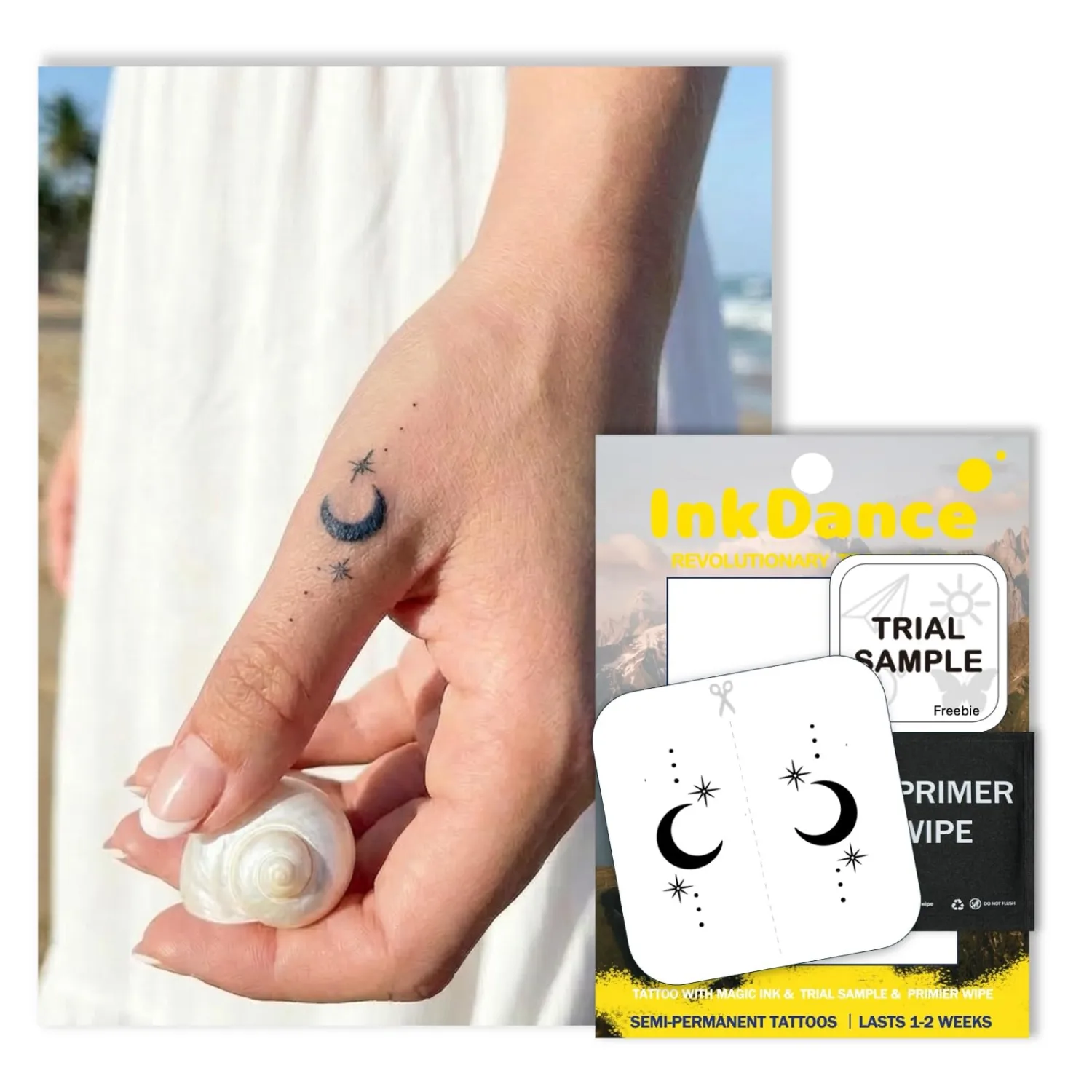 Semi-Permanent Tattoo, Lunar Moon, Long Lasting Temporary Tattoos, Waterproof Plant-Based Ink, Lasts 1-2 Weeks, Color Develops in 24 Hours MNF204, Set of 2