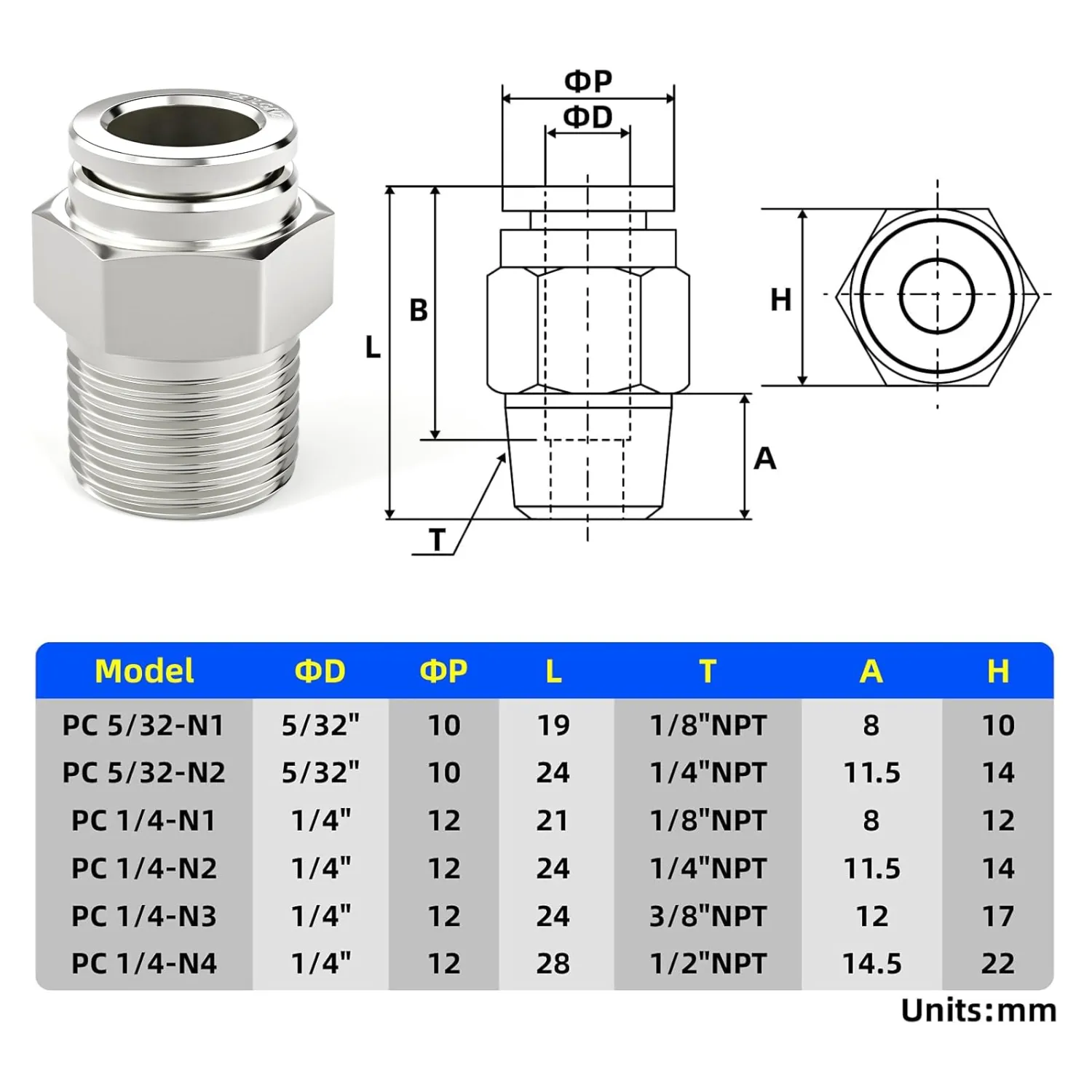 TAILONZ 304 Stainless Steel 1/4" x 1/8" NPT Push to Connect Straight 2Pcs