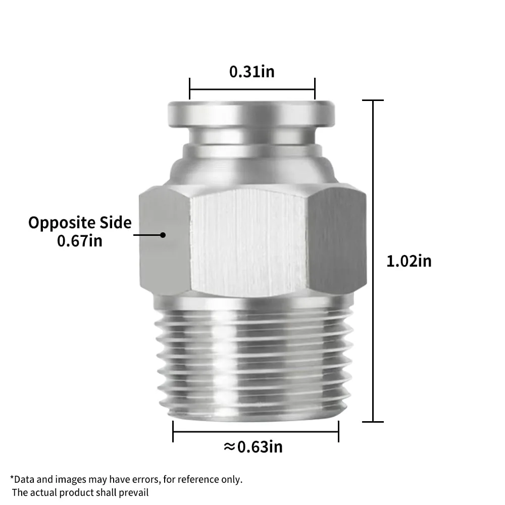 PNEUMATIC 304 Stainless Steel Male Straight 5/16 Inch Tube OD x 3/8 Inch NPT Thread Push to Connect Fittings (Pack of 2)